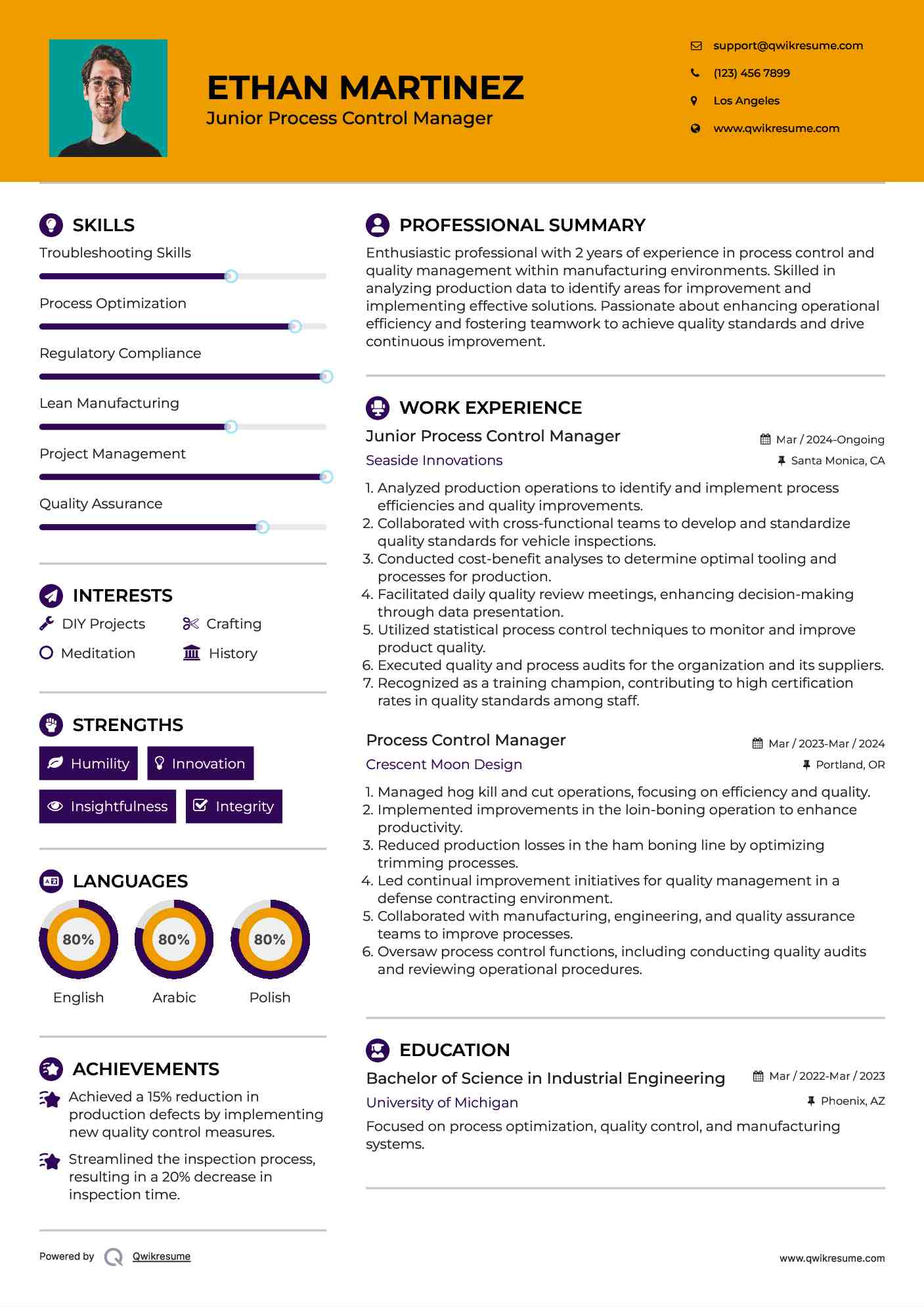Junior Process Control Manager Resume Format