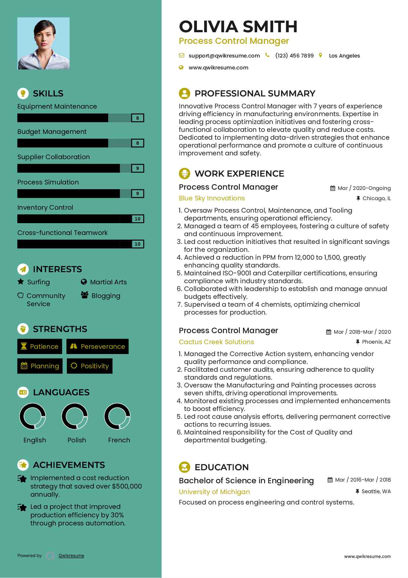 Process Control Manager Resume Template