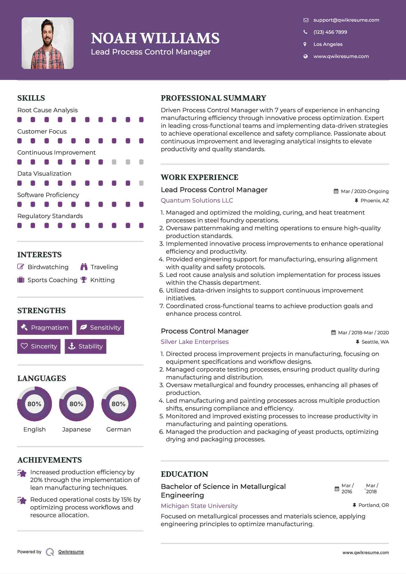 Lead Process Control Manager Resume Template