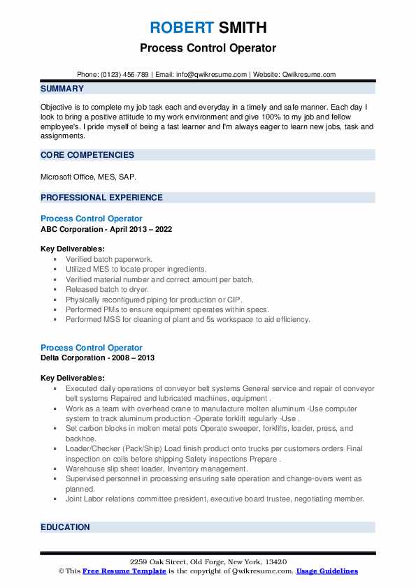 Process Control Operator Resume Samples QwikResume