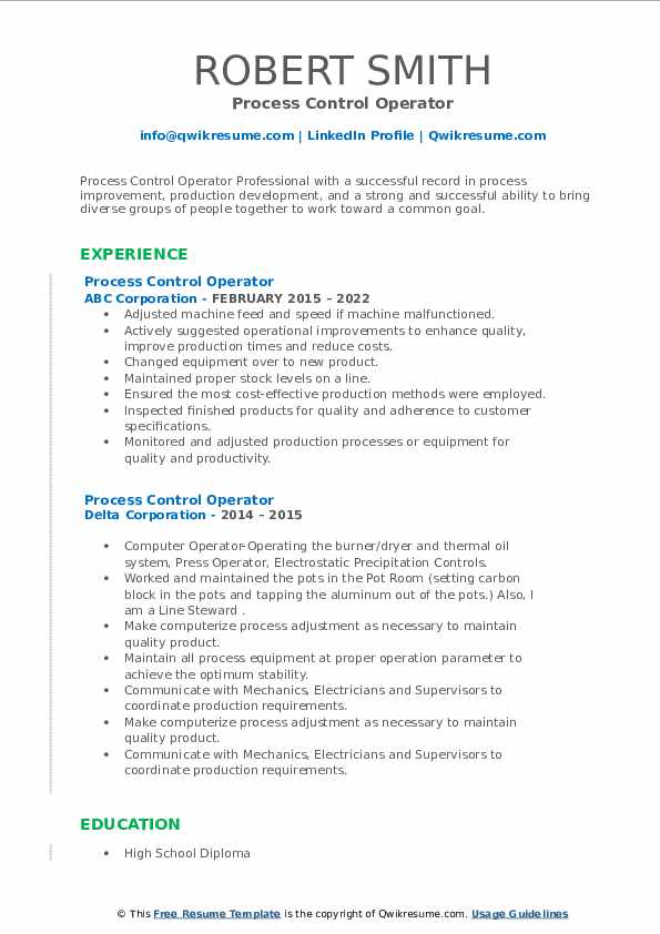 Process Control Operator Resume Samples QwikResume