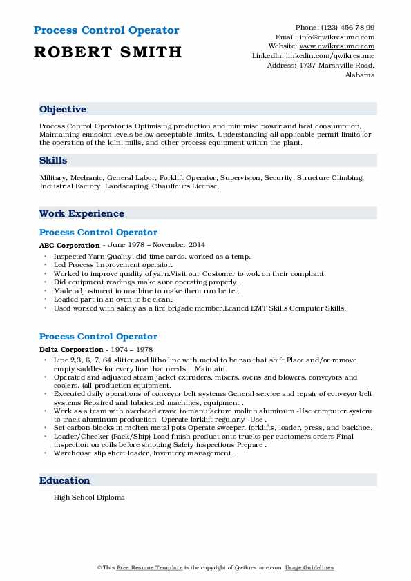 Process Control Operator Resume Samples QwikResume
