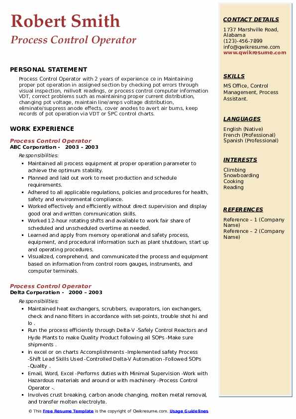 Process Control Operator Resume Samples QwikResume