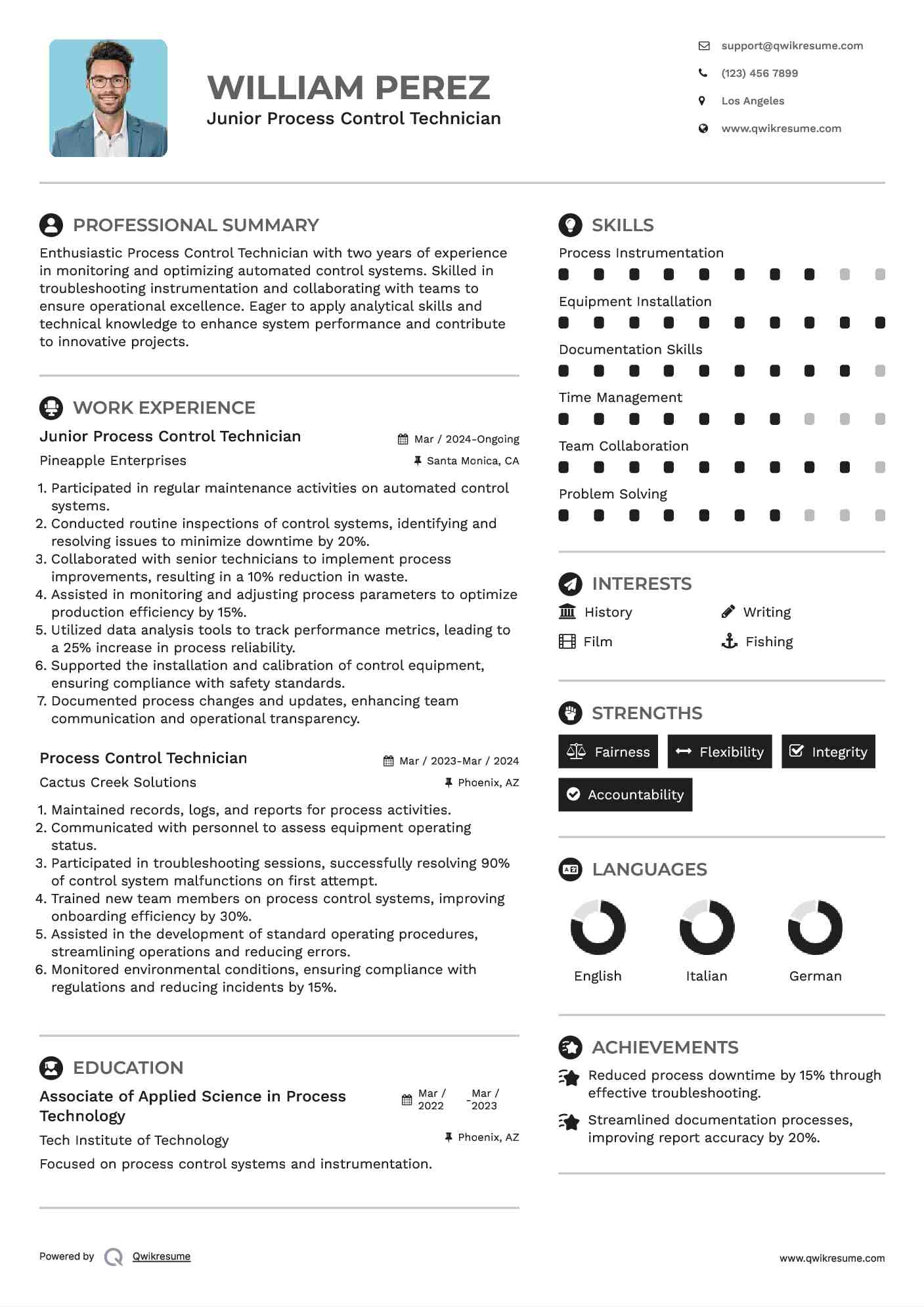 Junior Process Control Technician Resume Sample