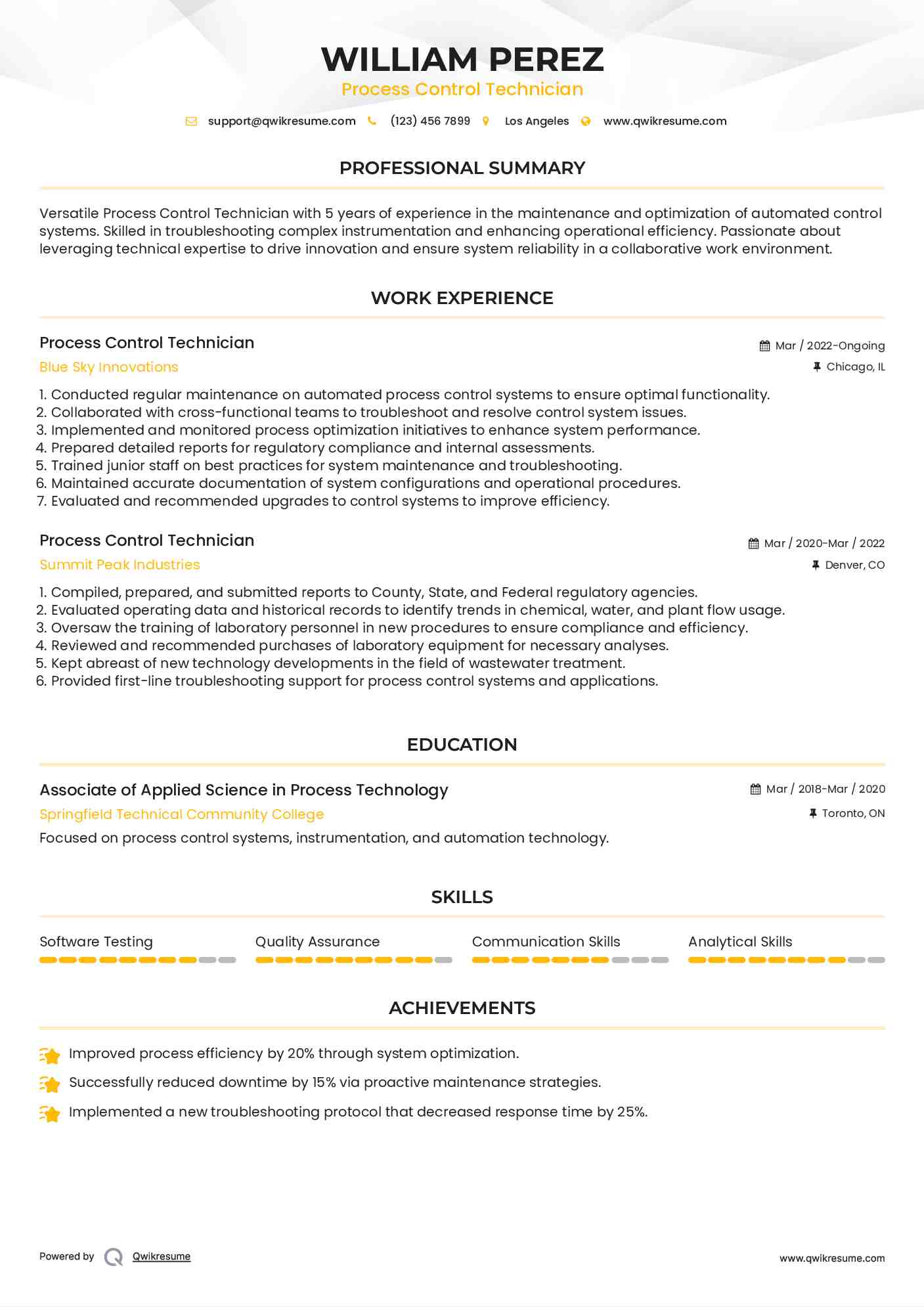 Process Control Technician Resume Template
