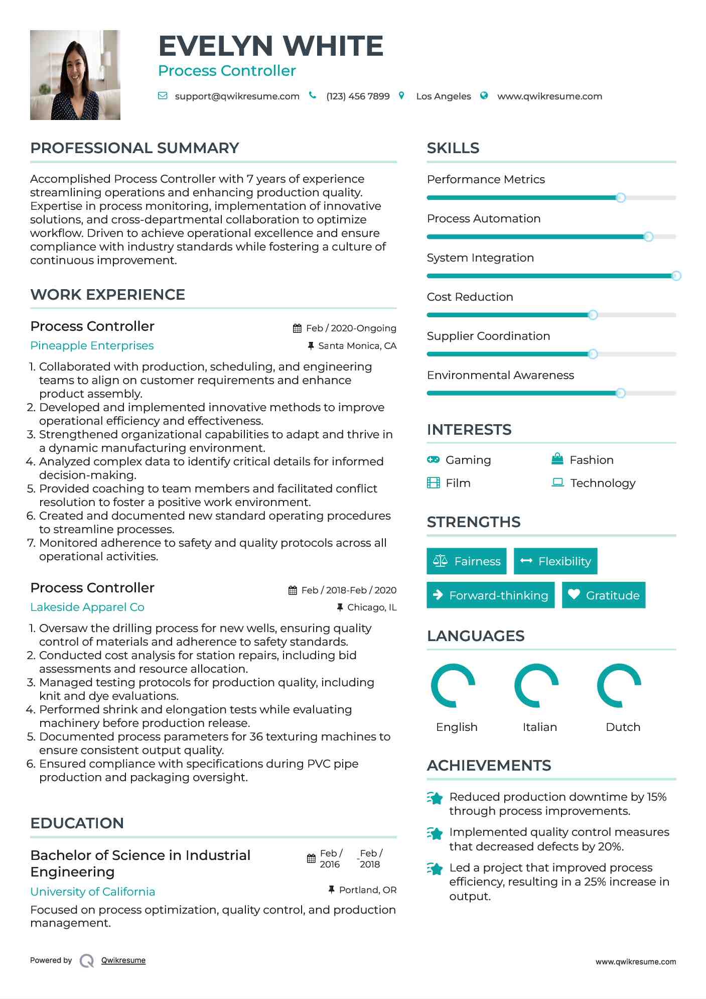 Process Controller Resume Model