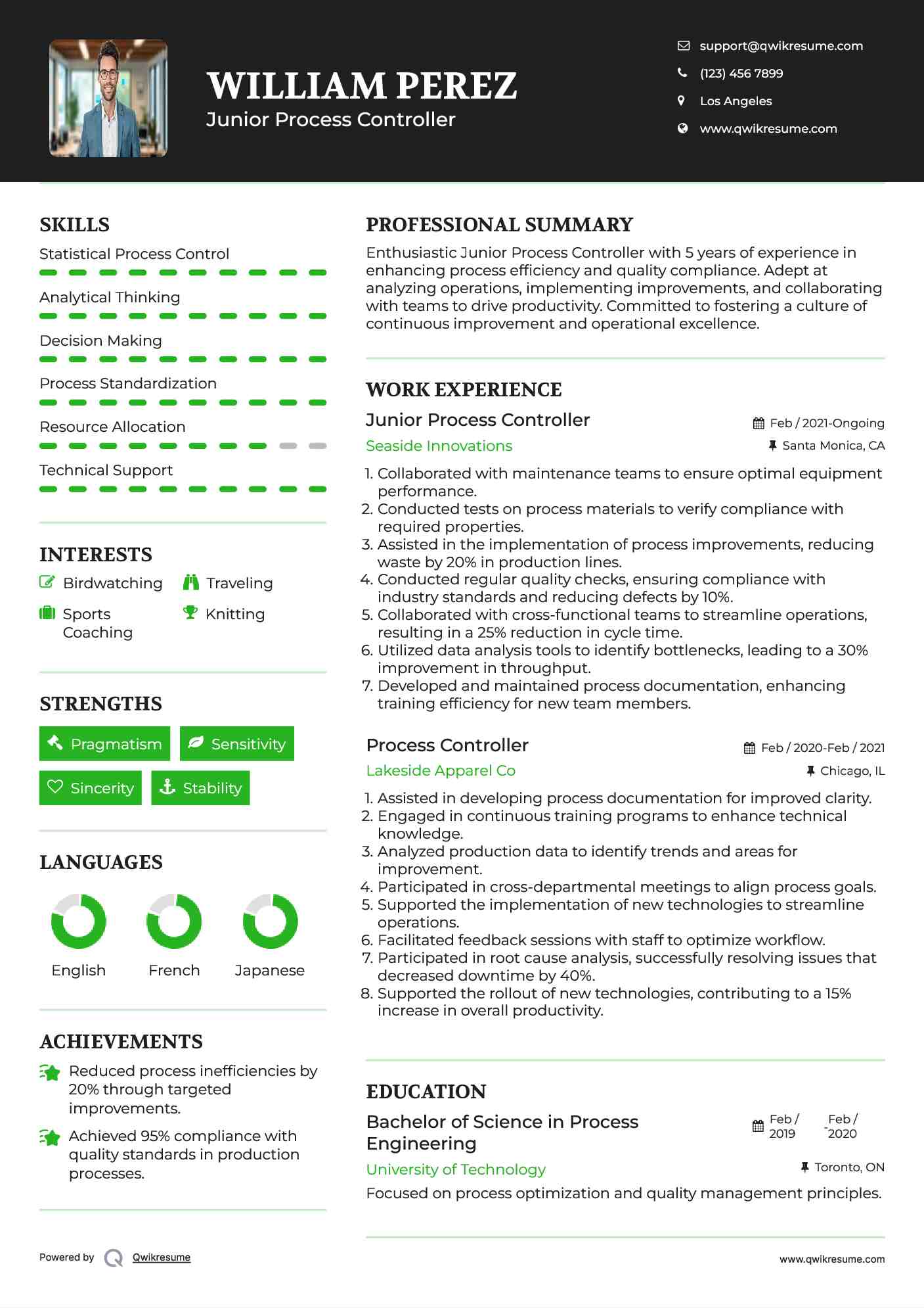 Junior Process Controller Resume Sample