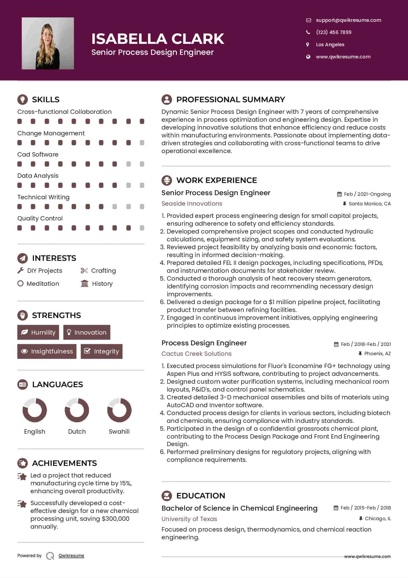 Senior Process Design Engineer Resume Model