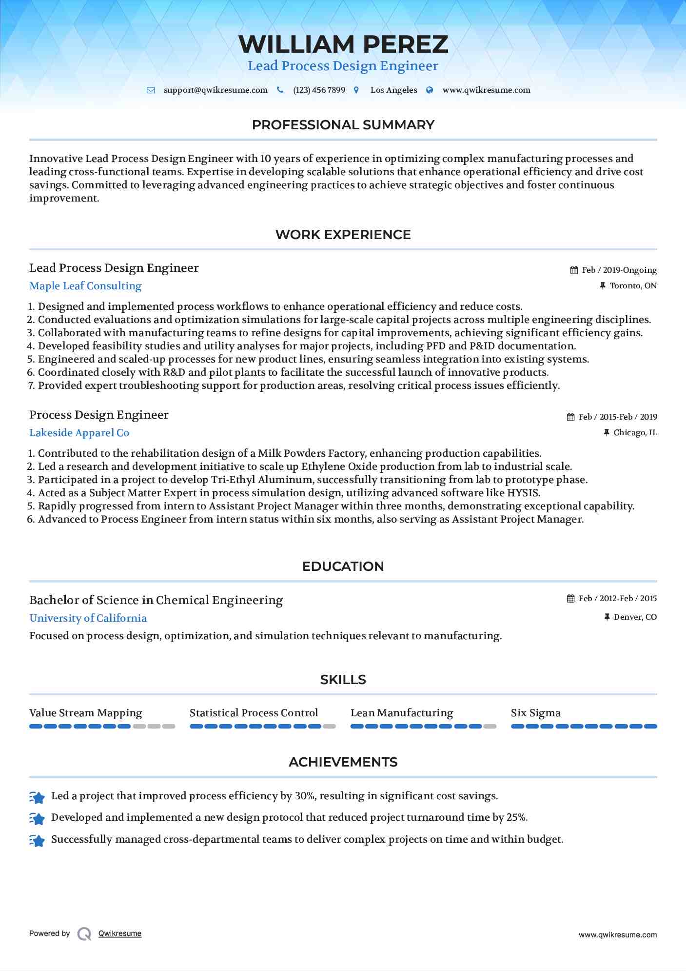 Lead Process Design Engineer Resume Template