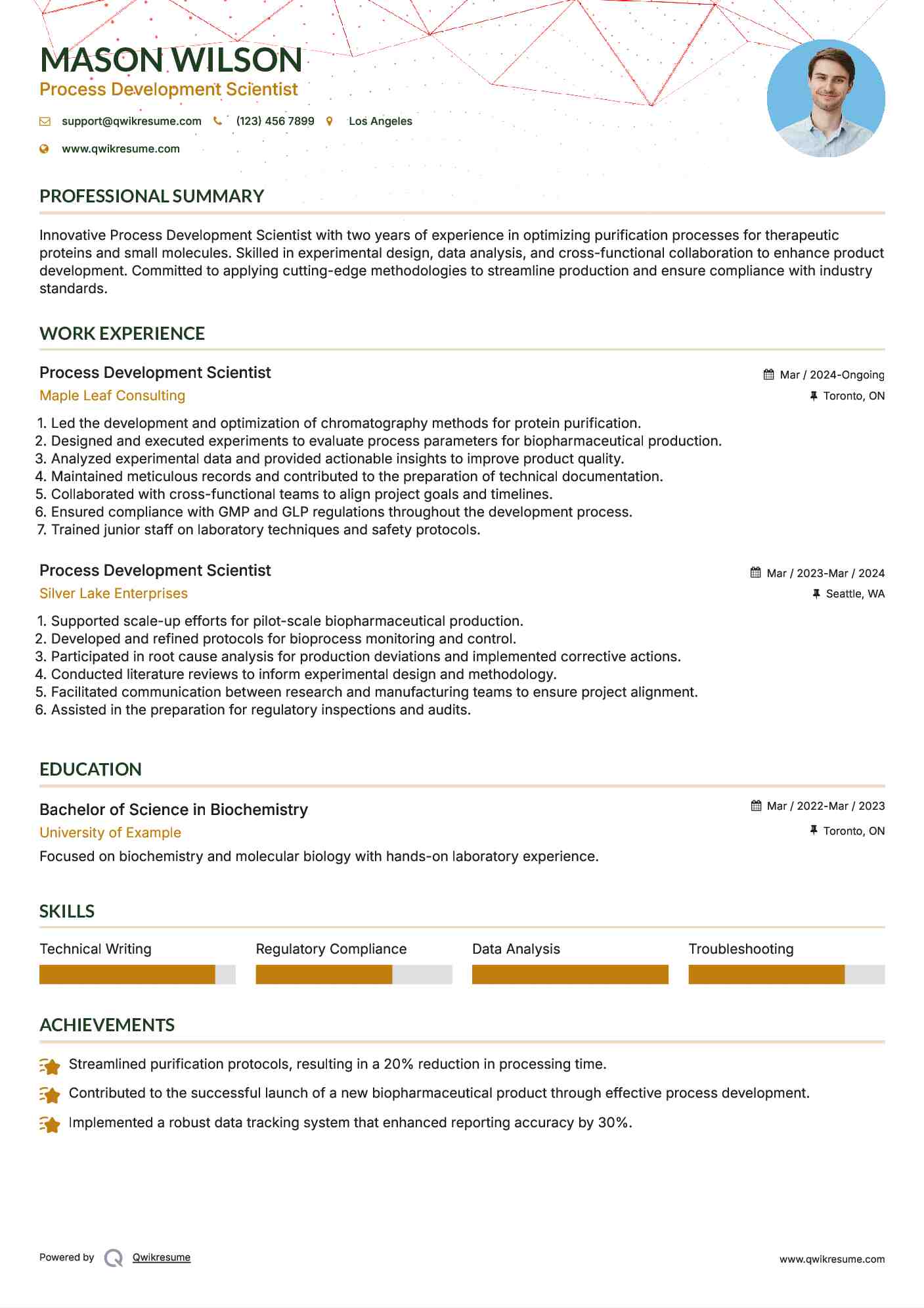 Process Development Scientist Resume Example
