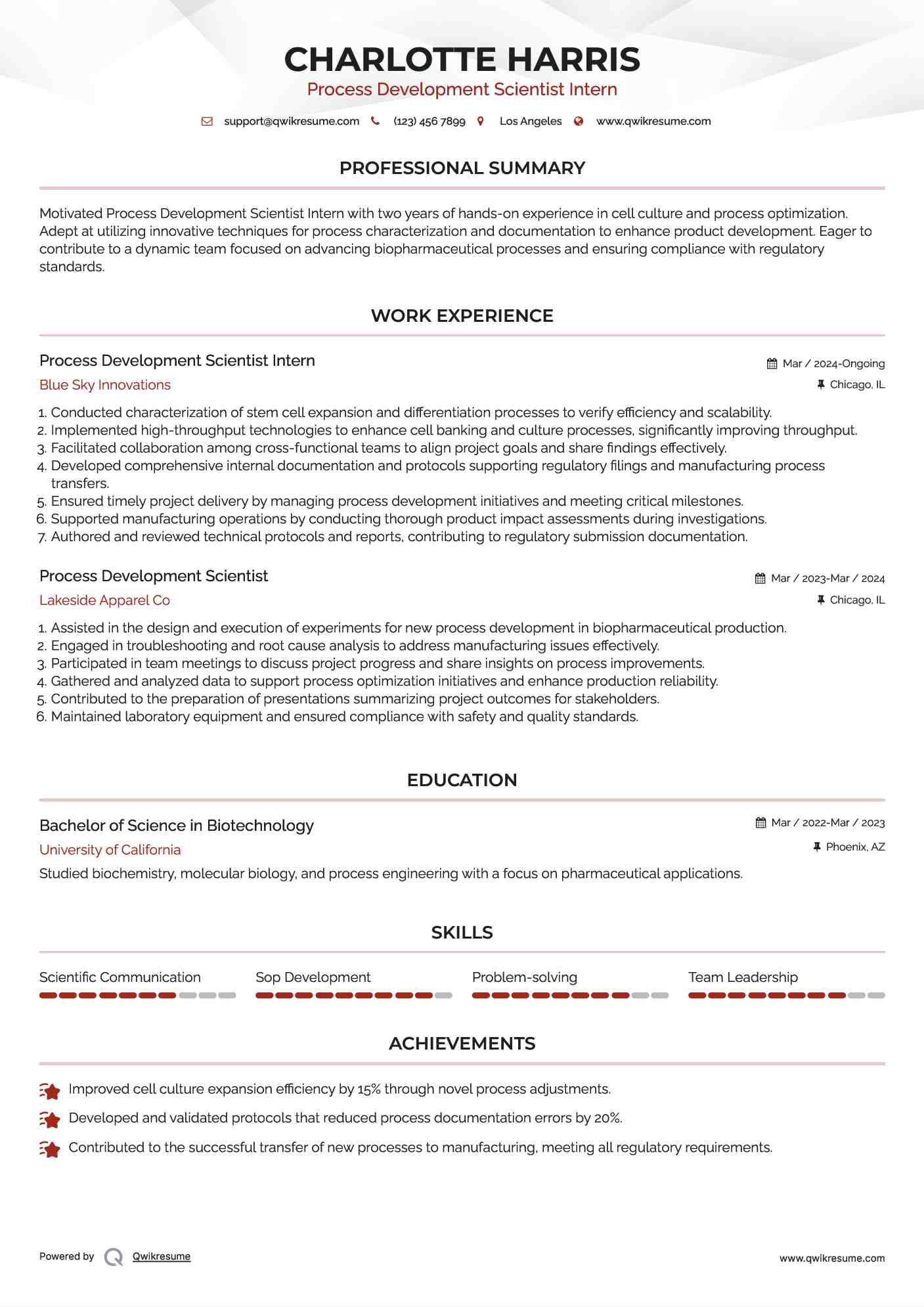 Process Development Scientist Intern Resume Example