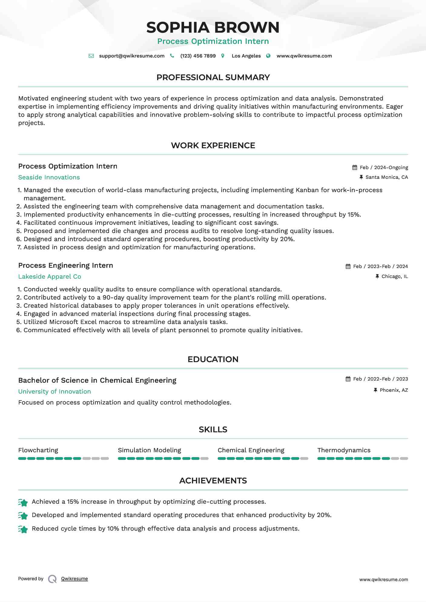 Process Optimization Intern Resume Model