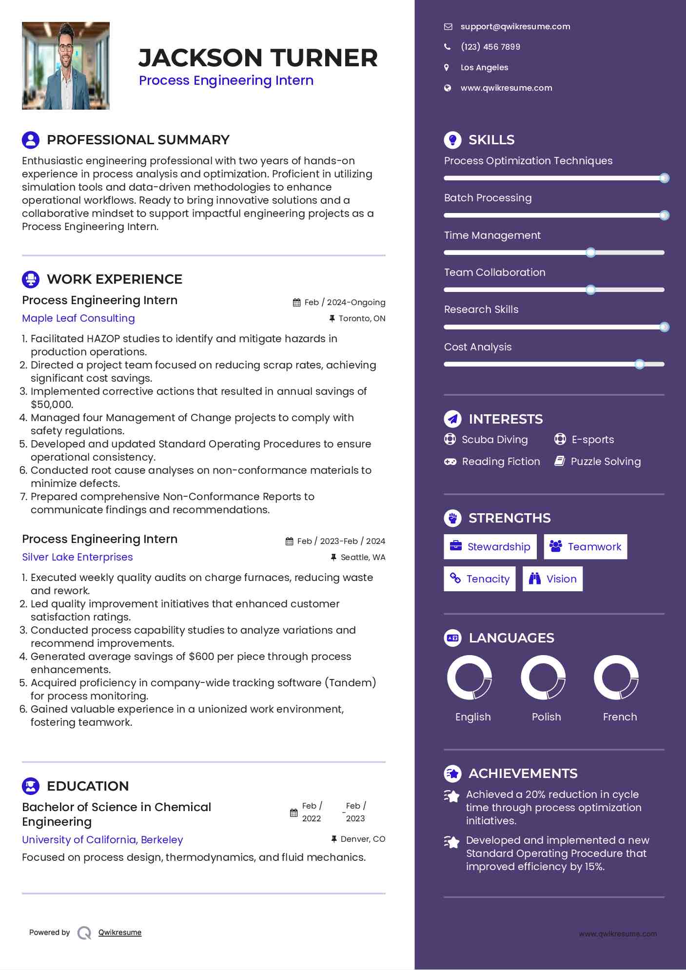 Process Engineering Intern Resume Sample