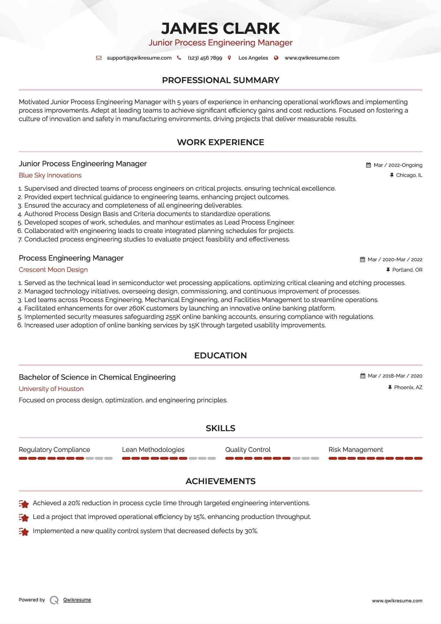 Junior Process Engineering Manager Resume Model