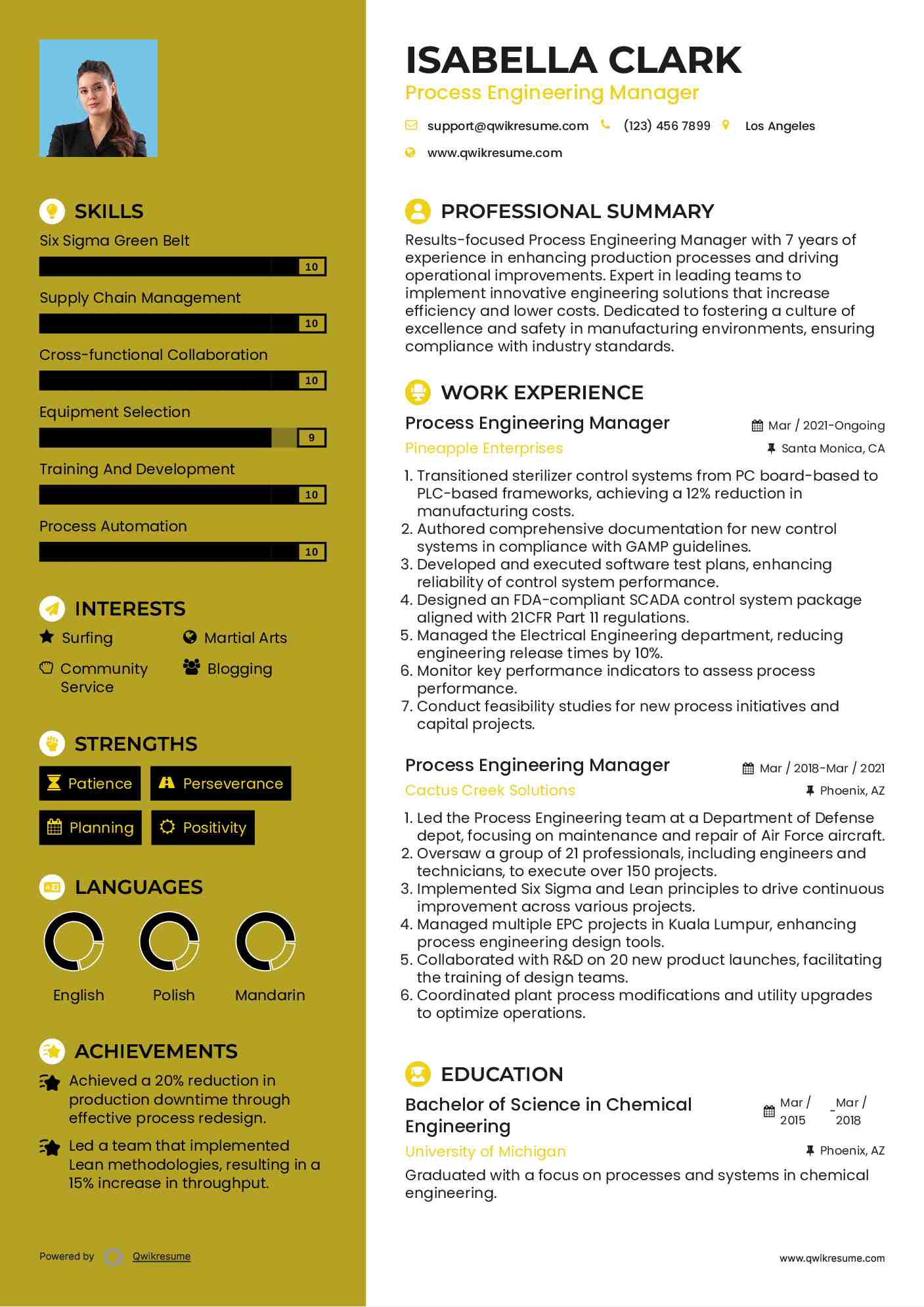 Process Engineering Manager Resume Format