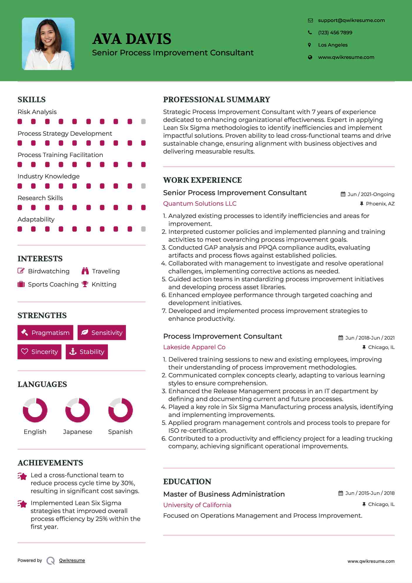 Senior Process Improvement Consultant Resume Template