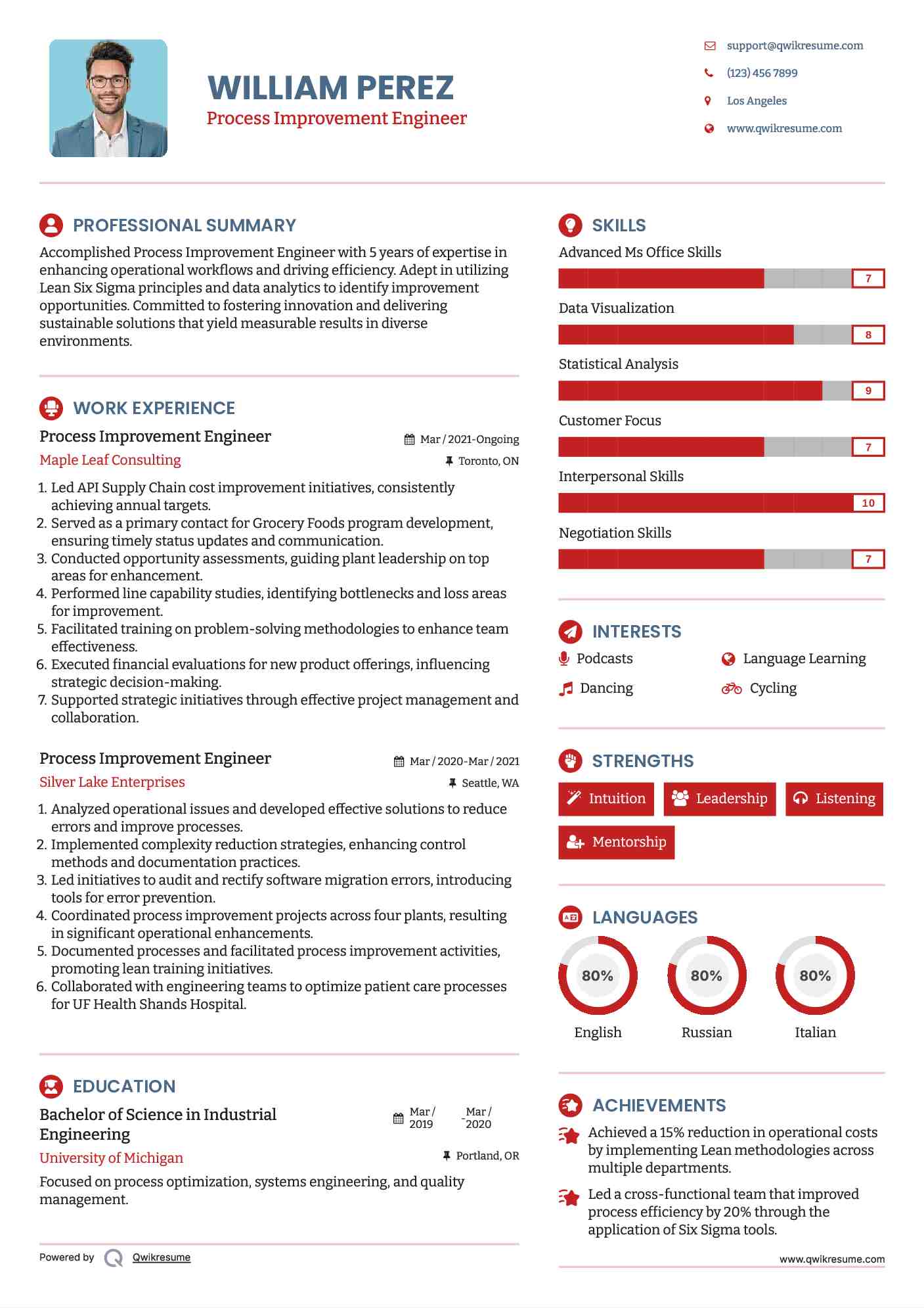 Process Improvement Engineer Resume Sample