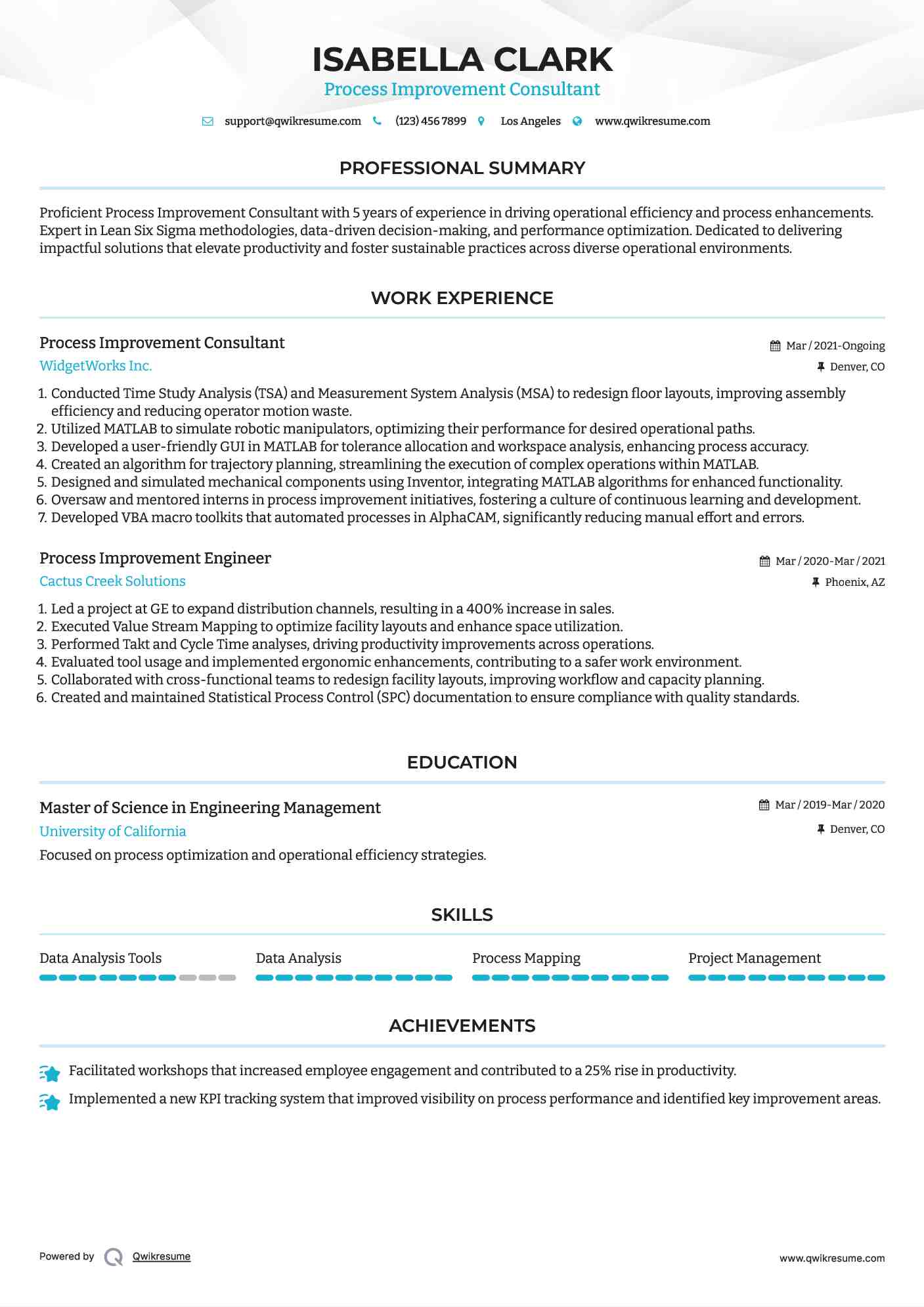 Process Improvement Consultant Resume Template