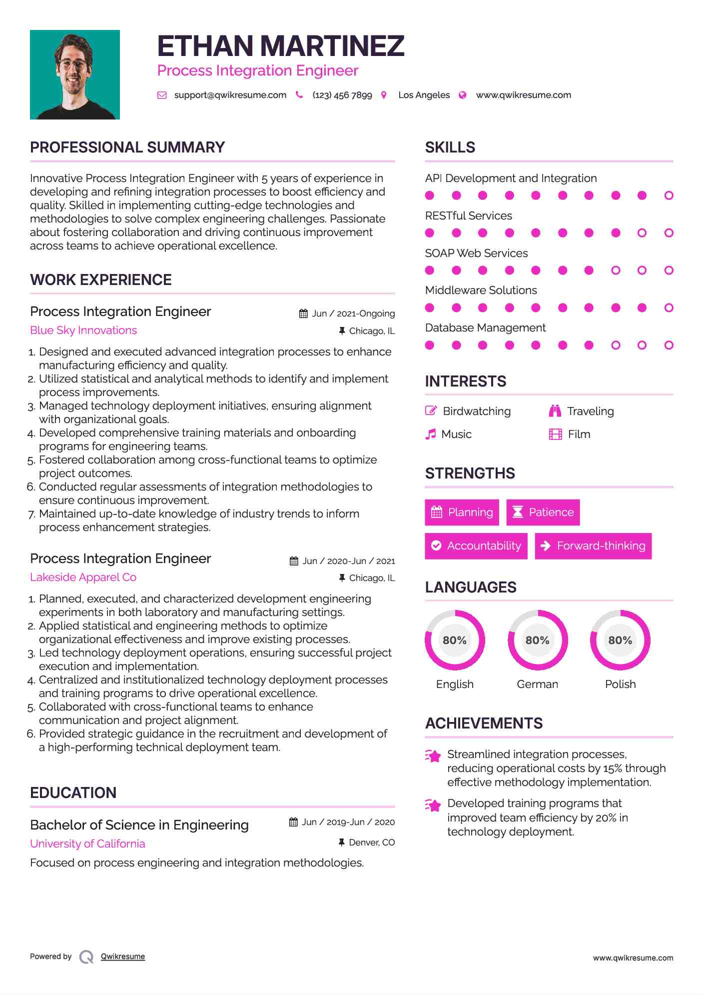 Process Integration Engineer Resume Sample