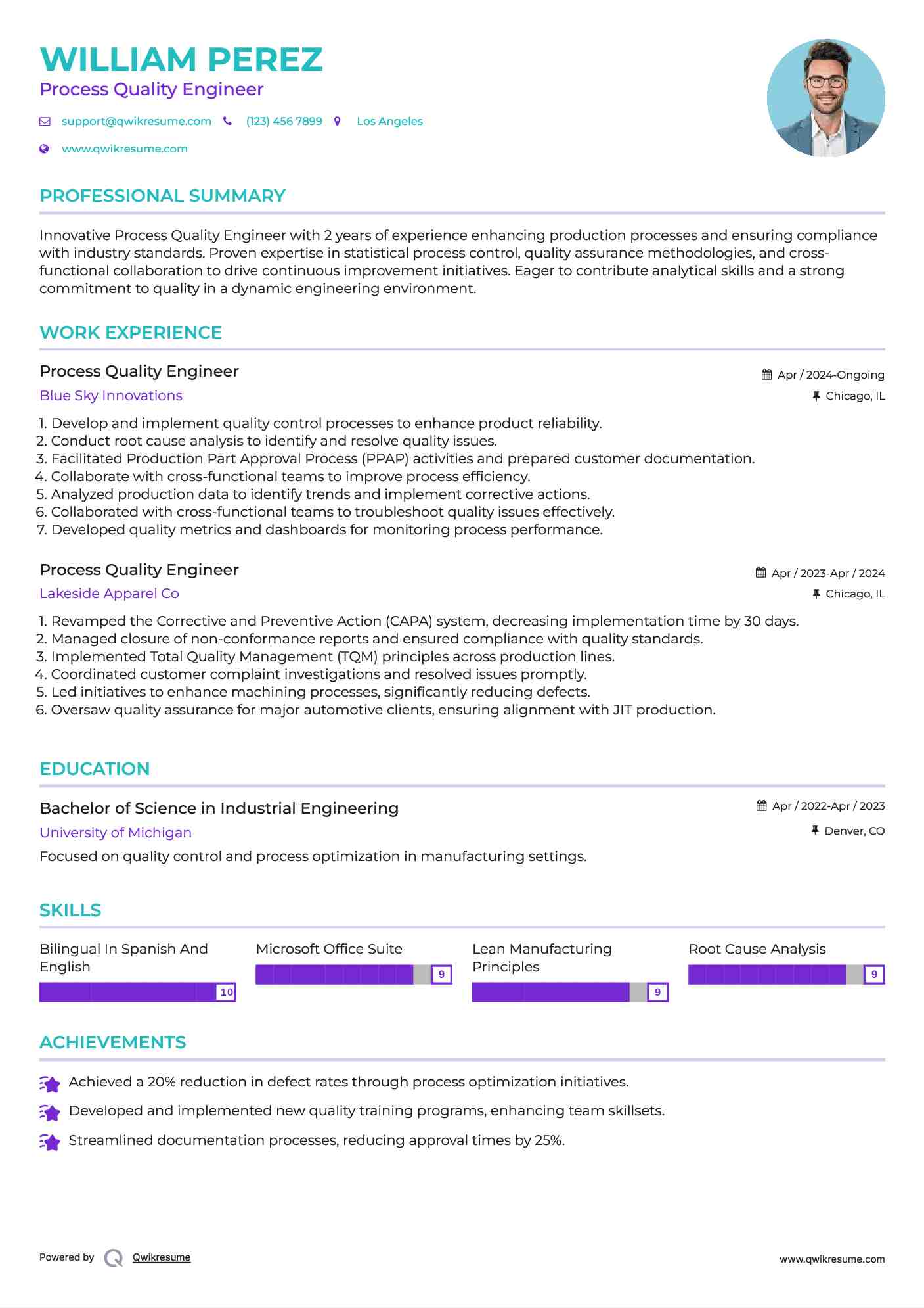Process Quality Engineer Resume Sample