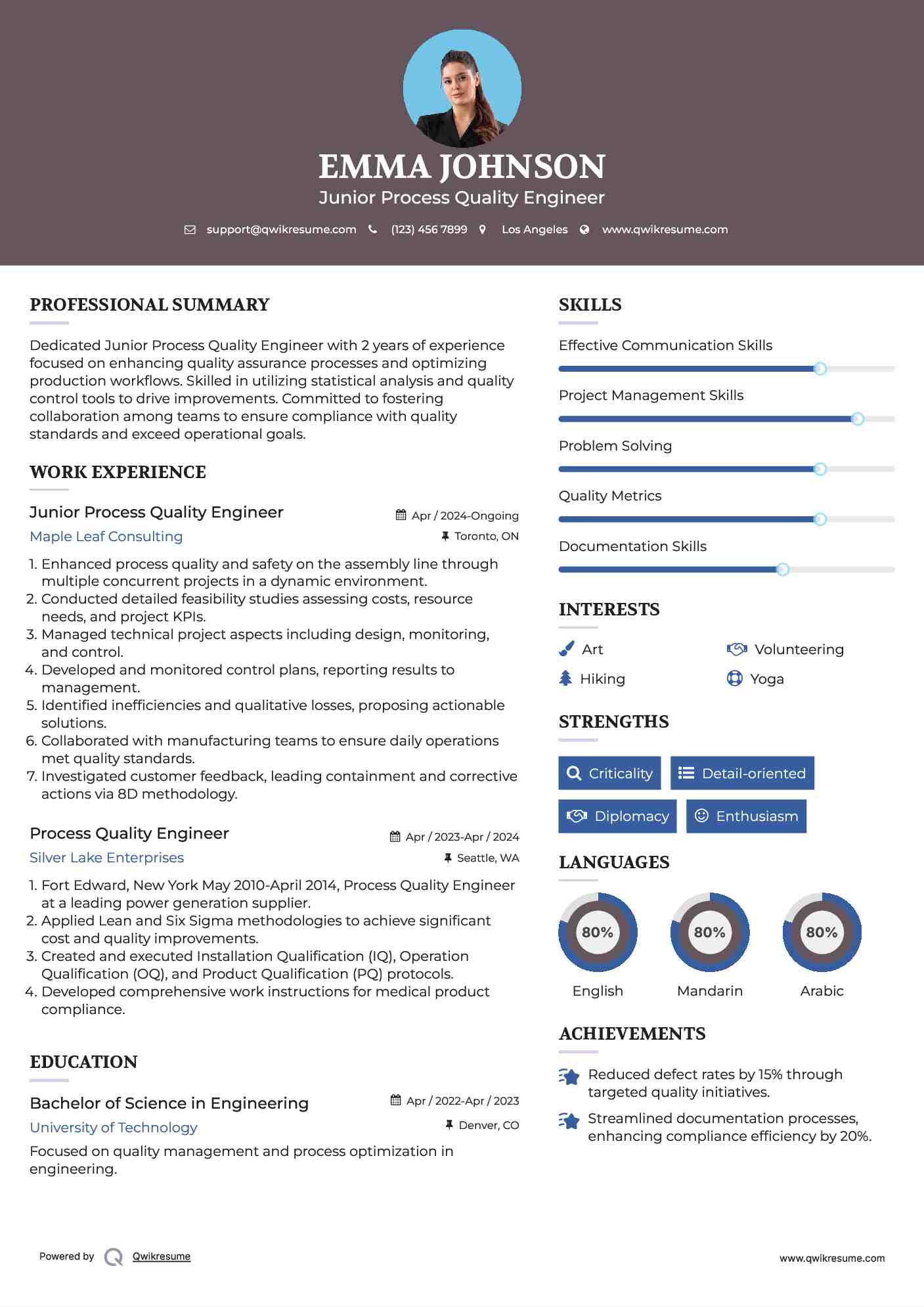 Junior Process Quality Engineer Resume Model