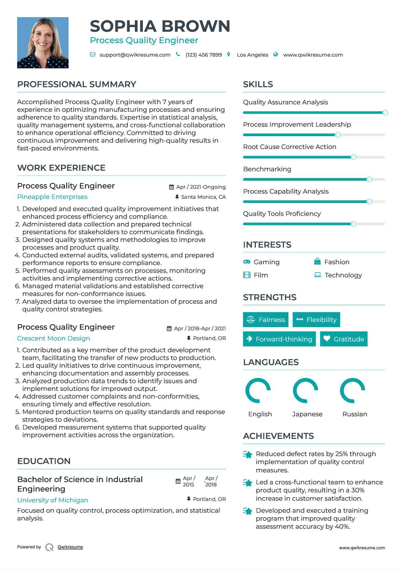 Process Quality Engineer Resume Sample