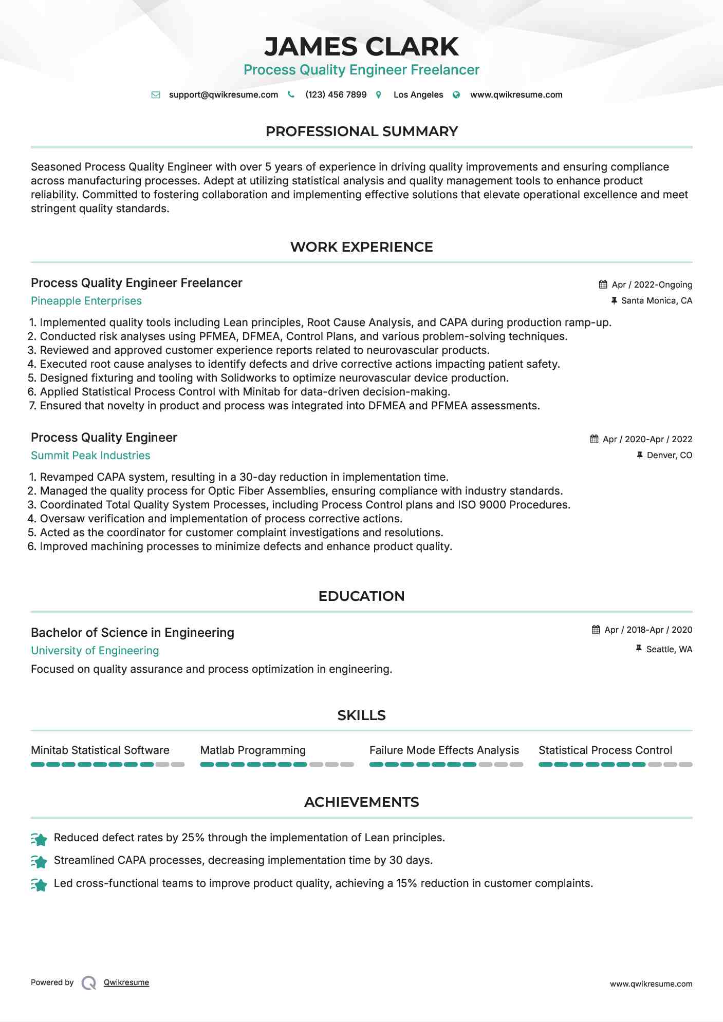 Process Quality Engineer Freelancer Resume Example