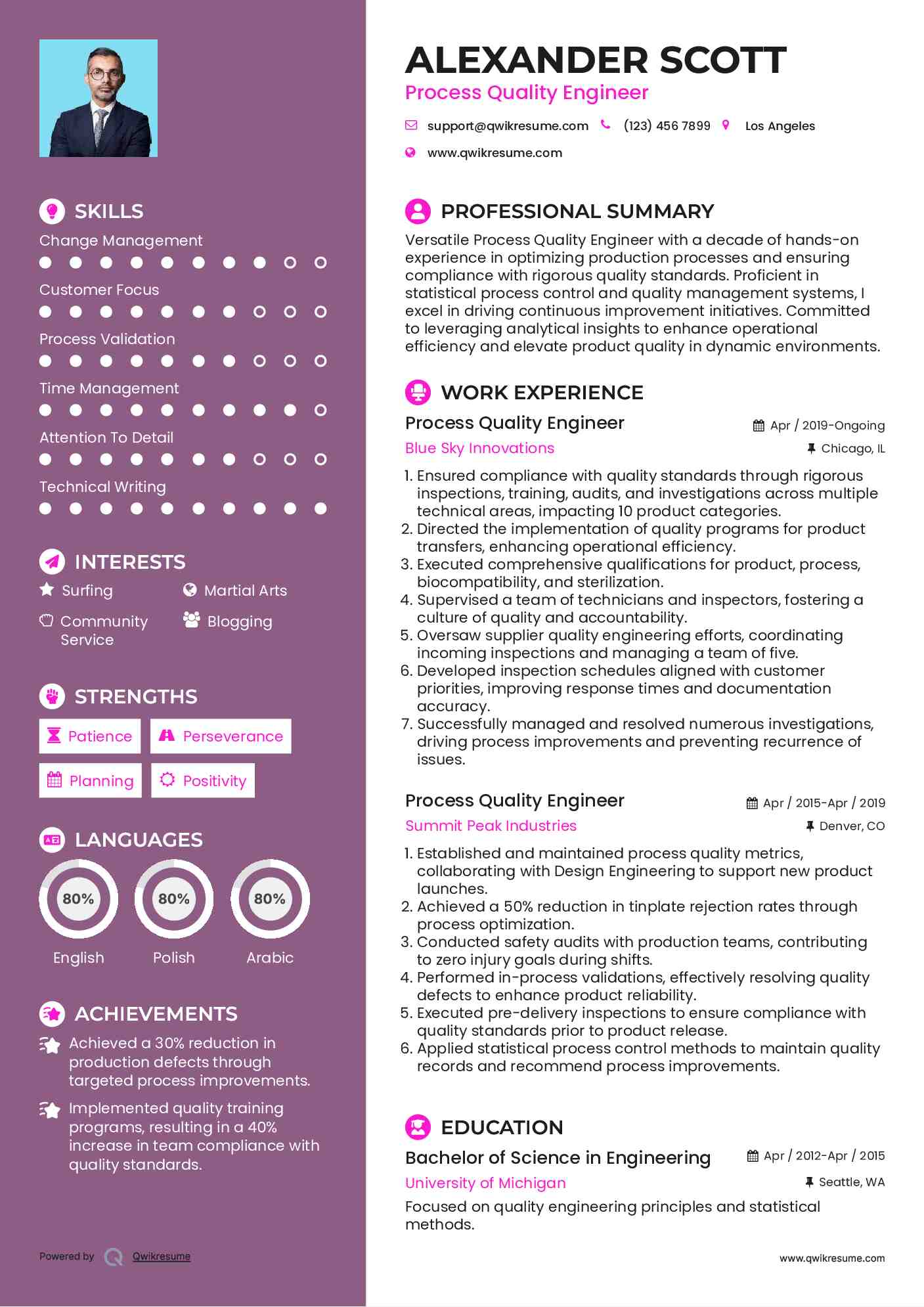 Process Quality Engineer Resume Sample