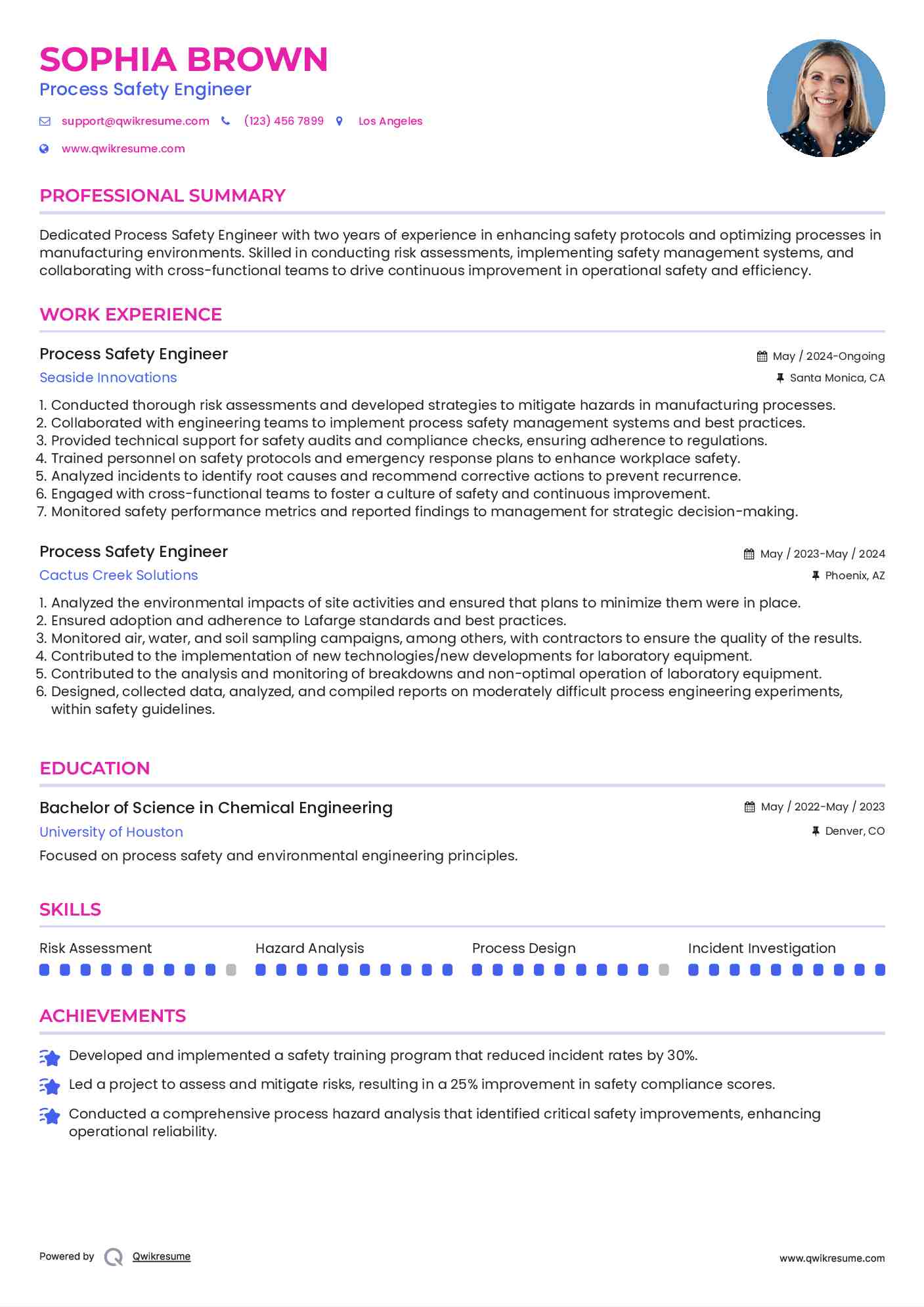 Process Safety Engineer Resume Sample