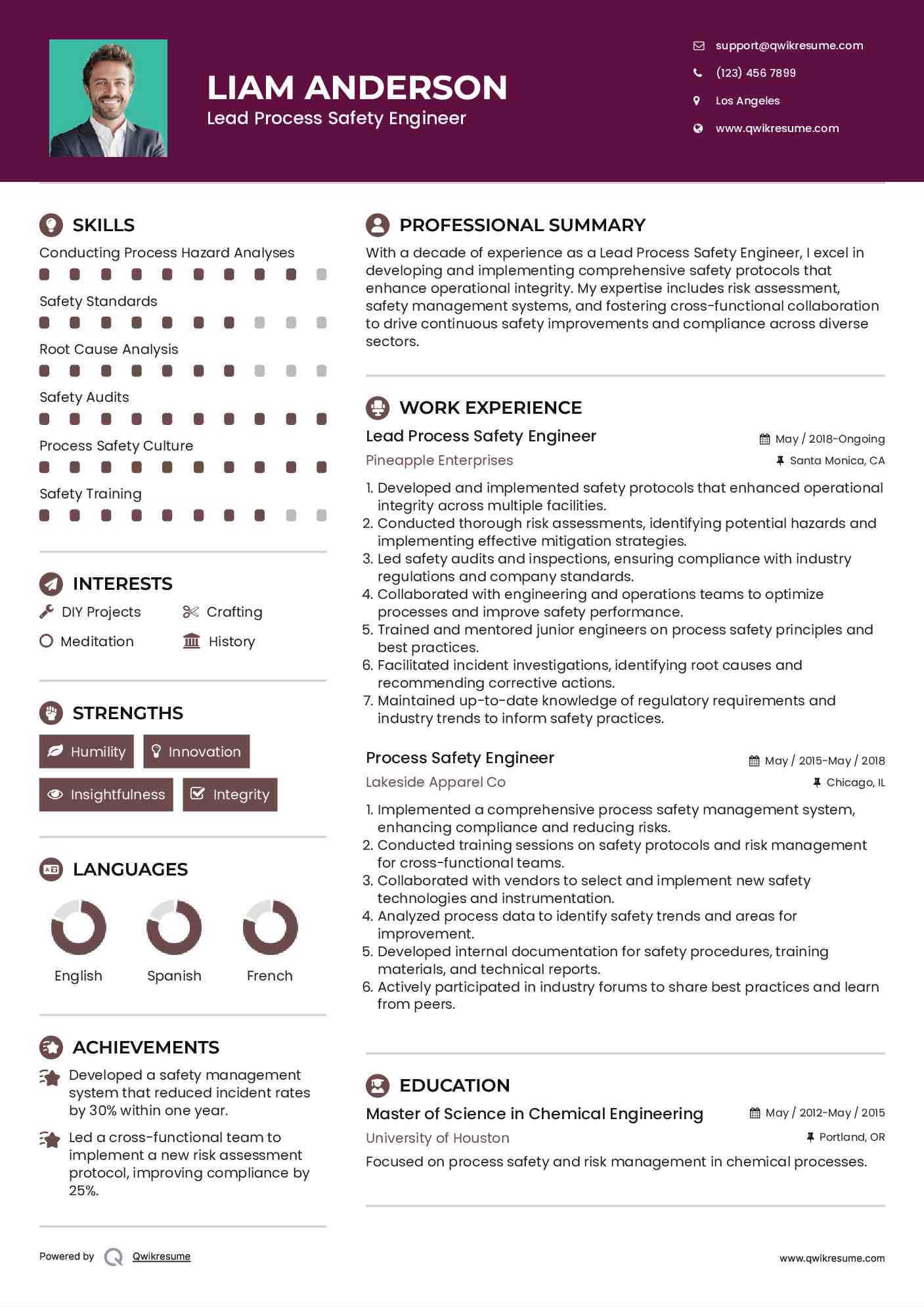 Lead Process Safety Engineer Resume Example