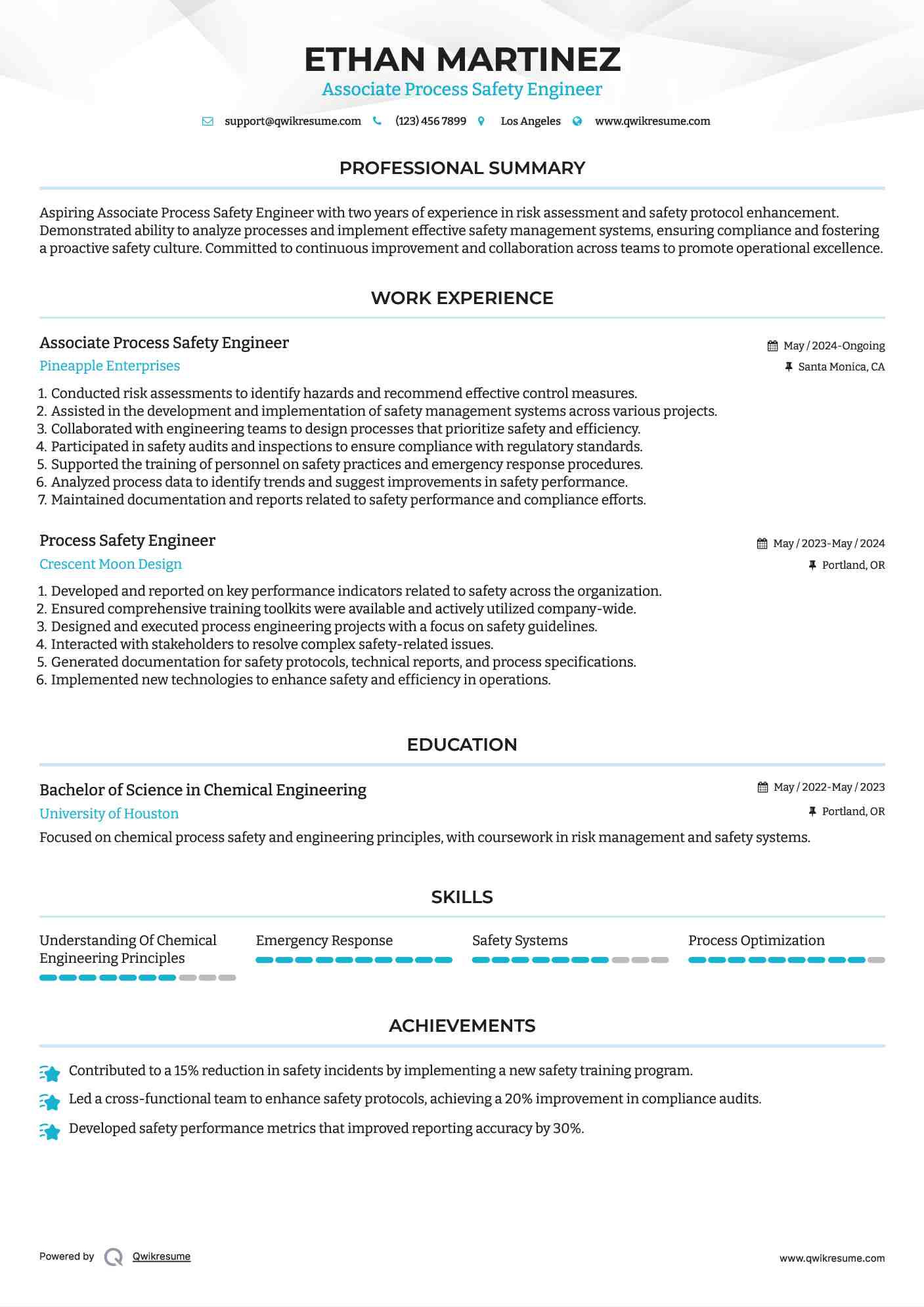 Associate Process Safety Engineer Resume Format