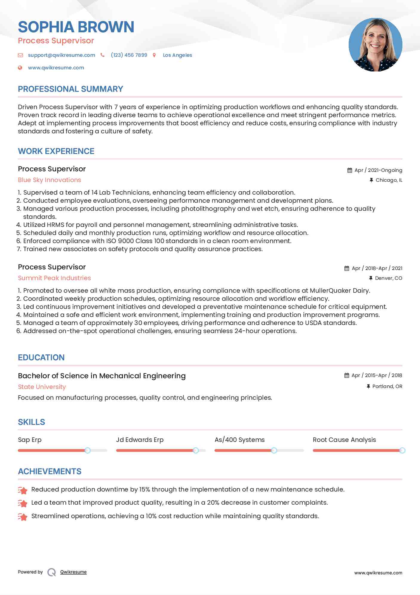 Process Supervisor Resume Sample