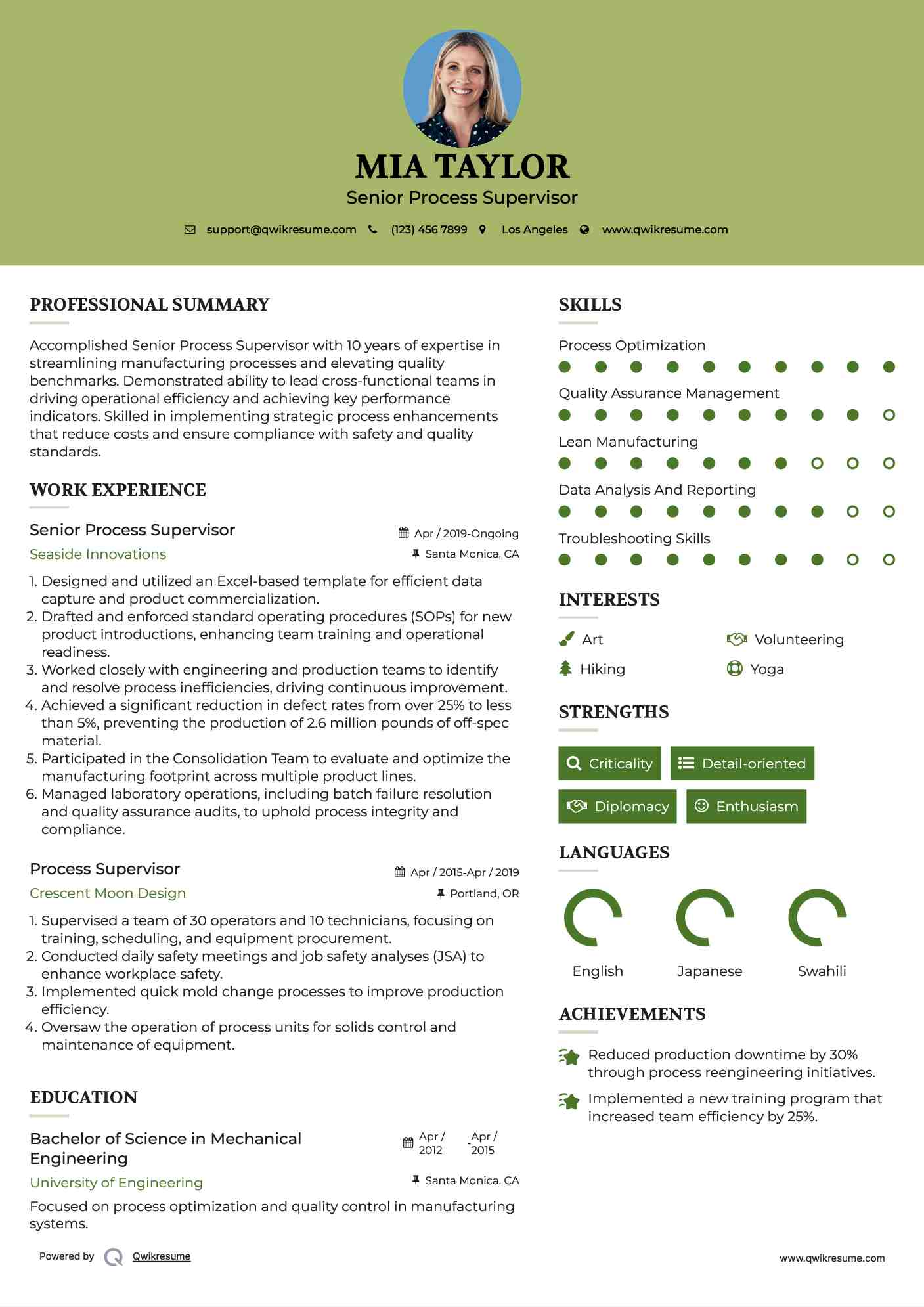 Senior Process Supervisor Resume Format