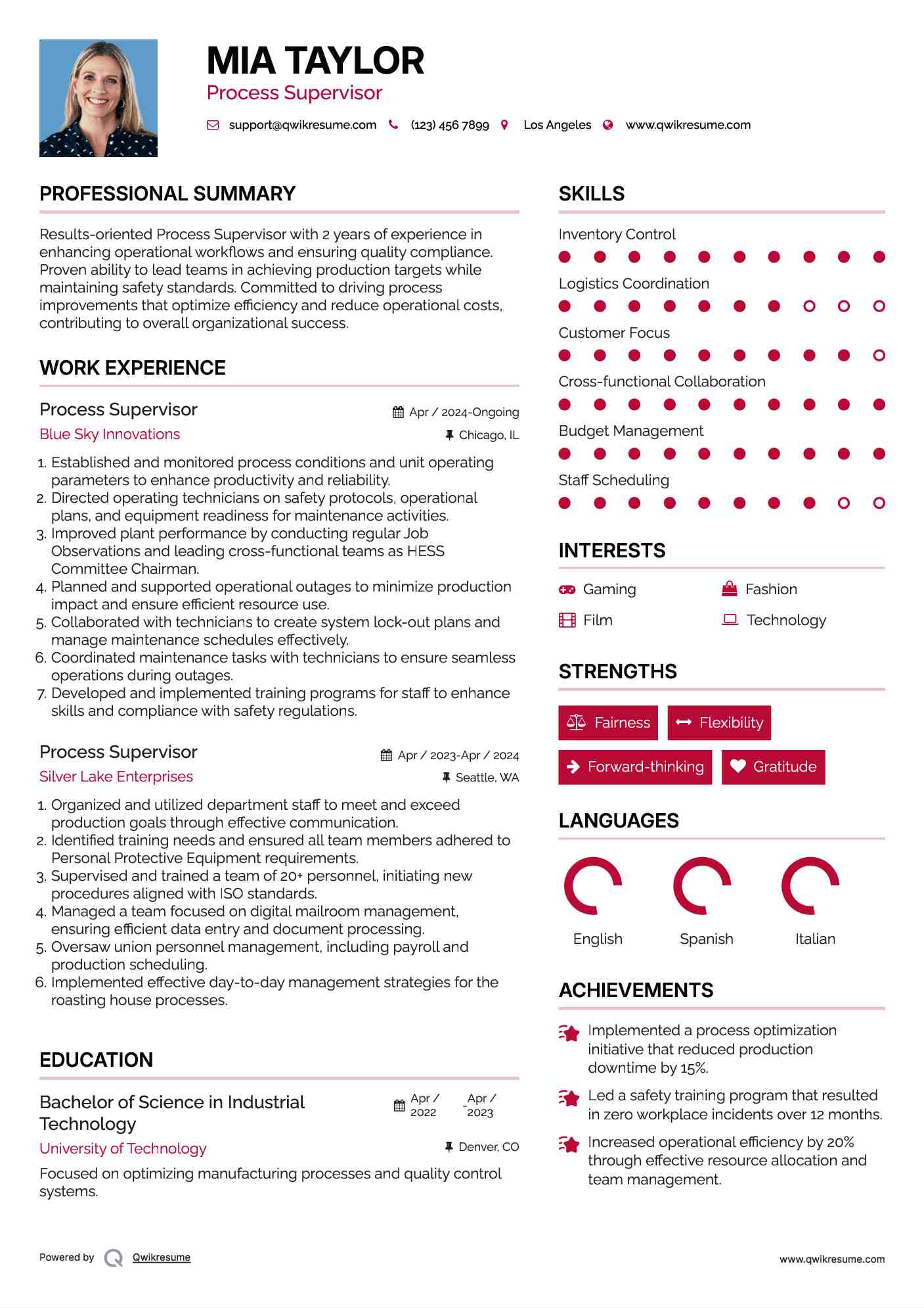 Process Supervisor Resume Sample