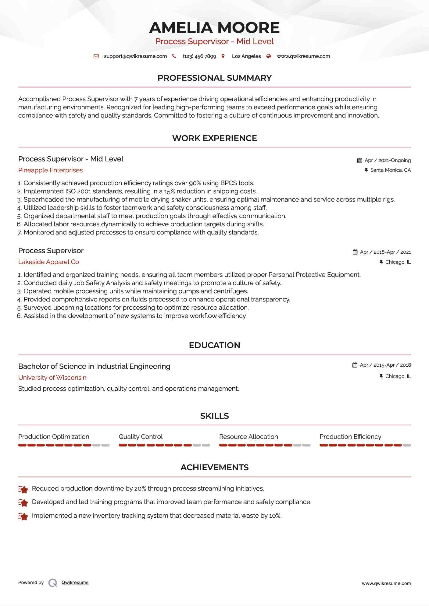 Process Supervisor - Mid Level Resume Template