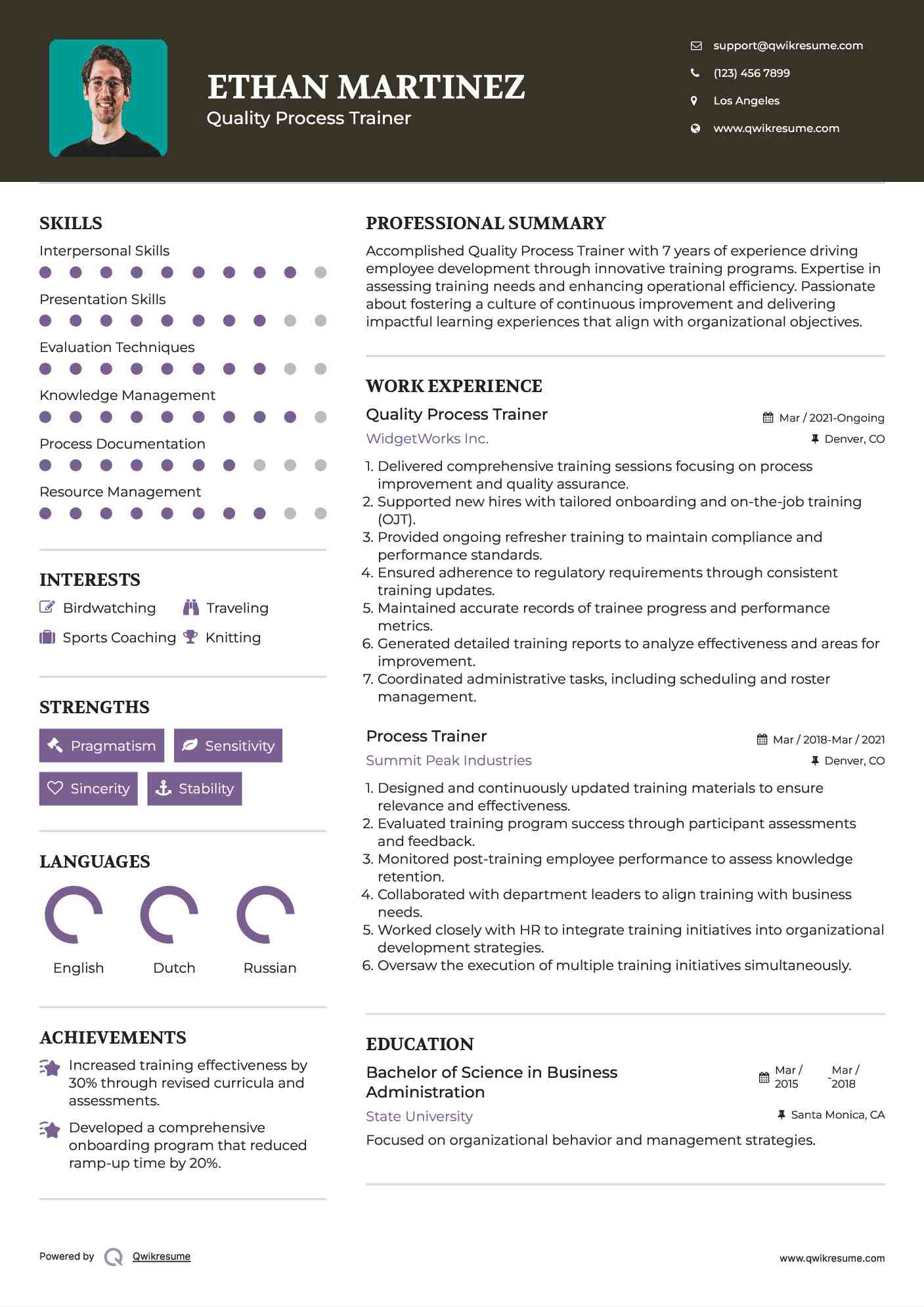 Quality Process Trainer Resume Example