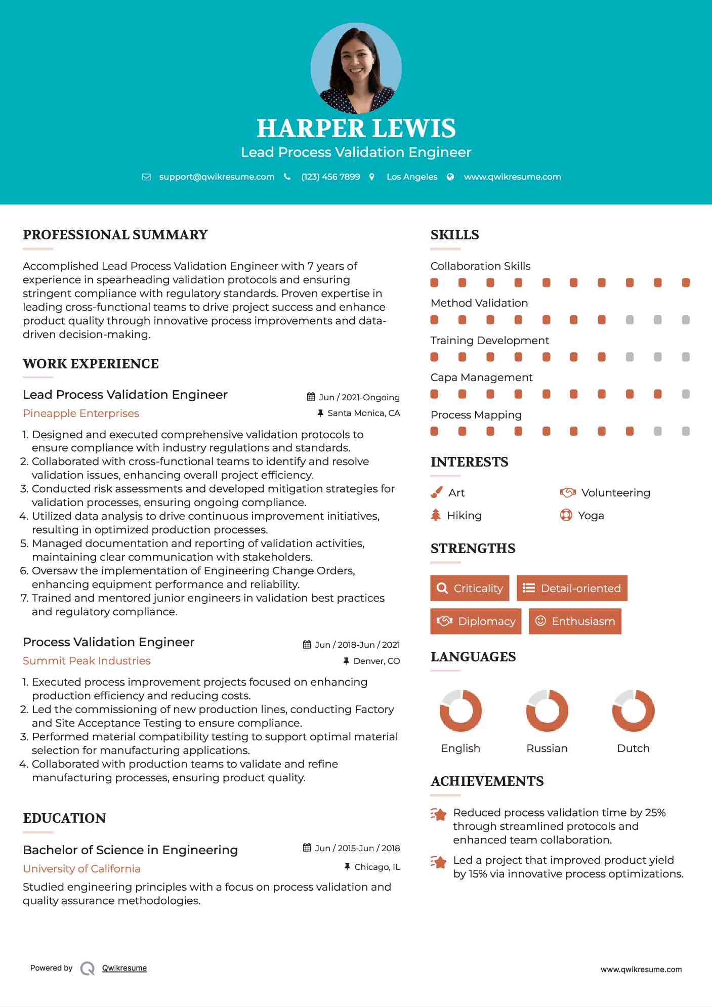Lead Process Validation Engineer Resume Template