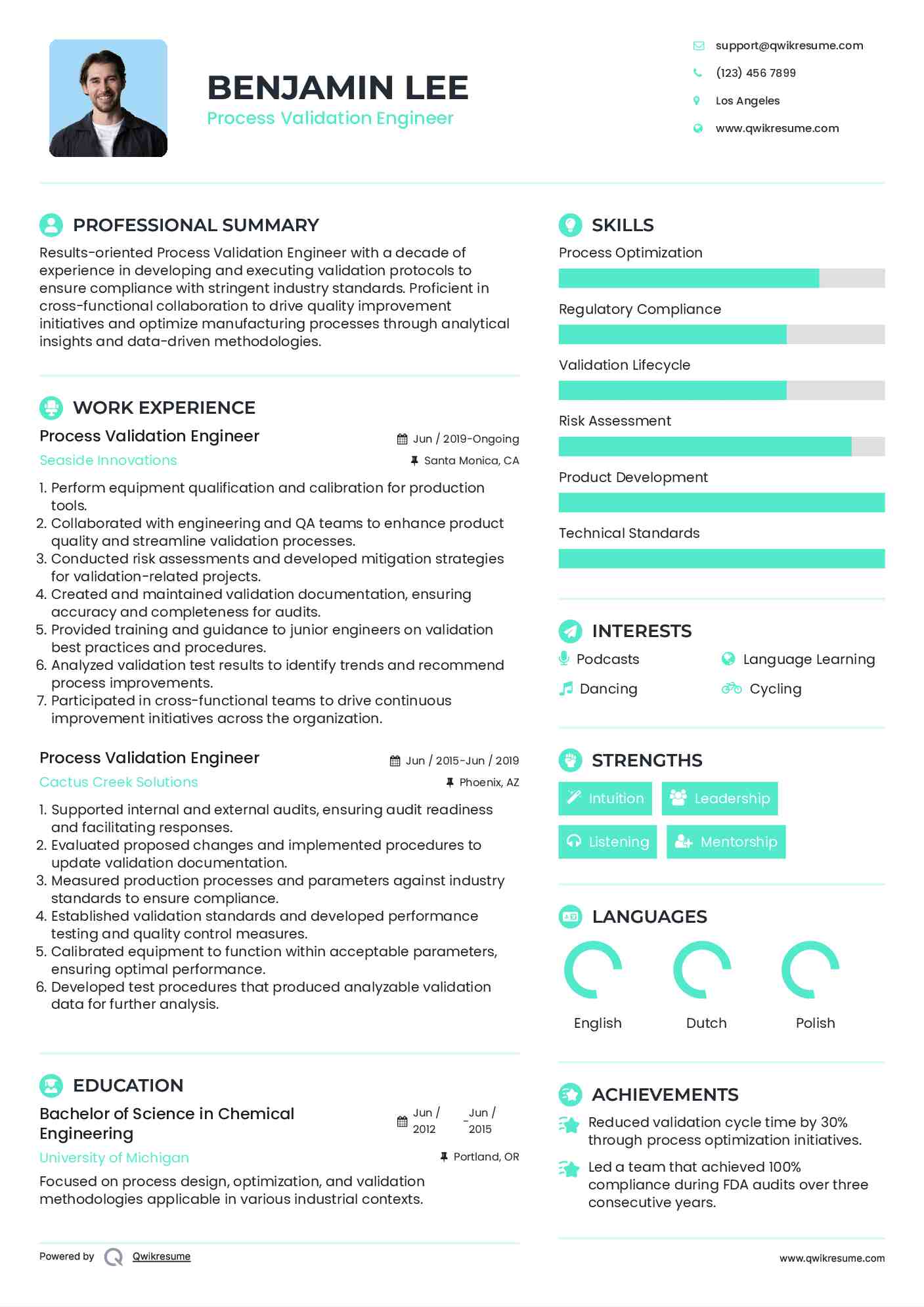 Process Validation Engineer Resume Sample