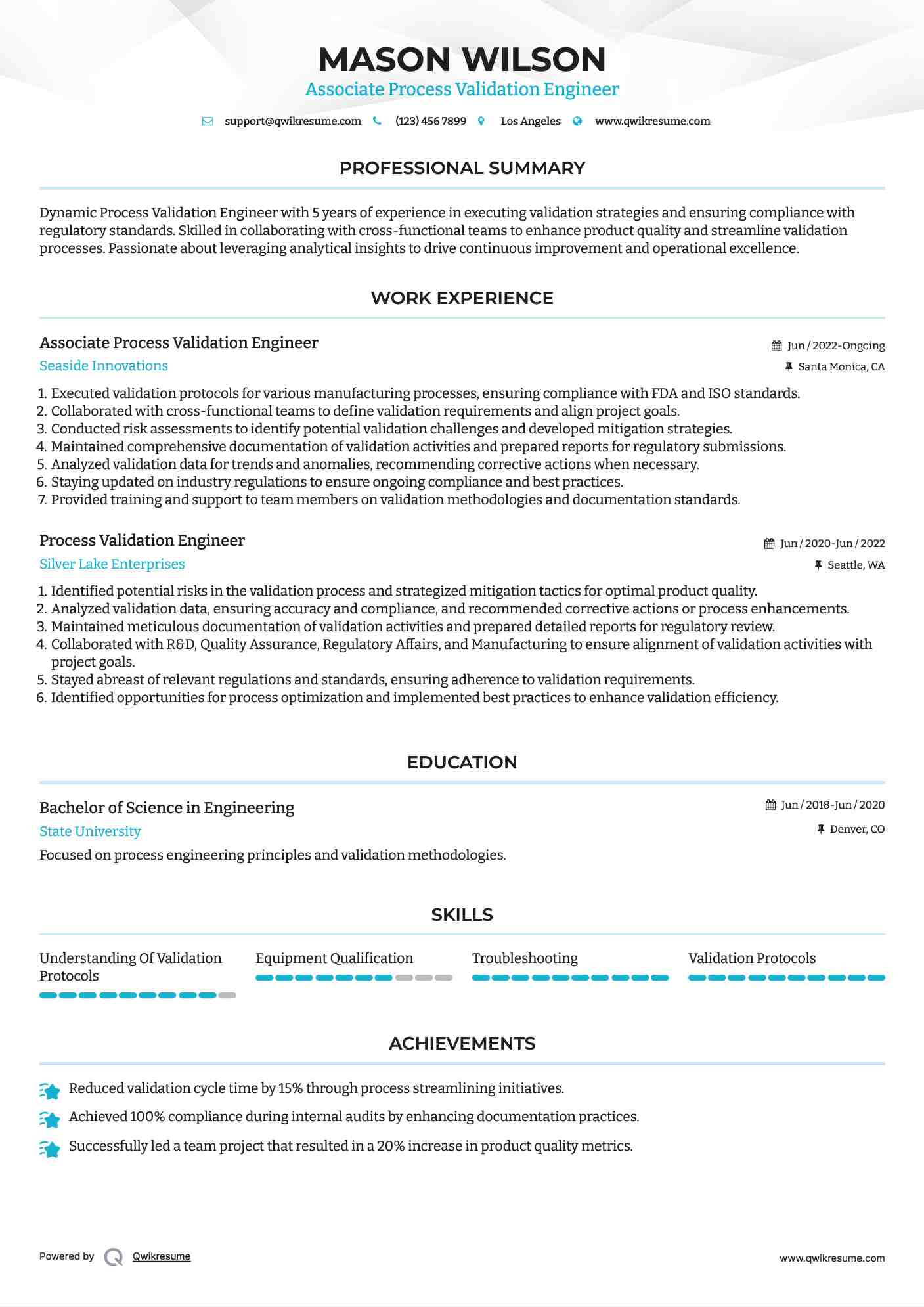 Associate Process Validation Engineer Resume Example