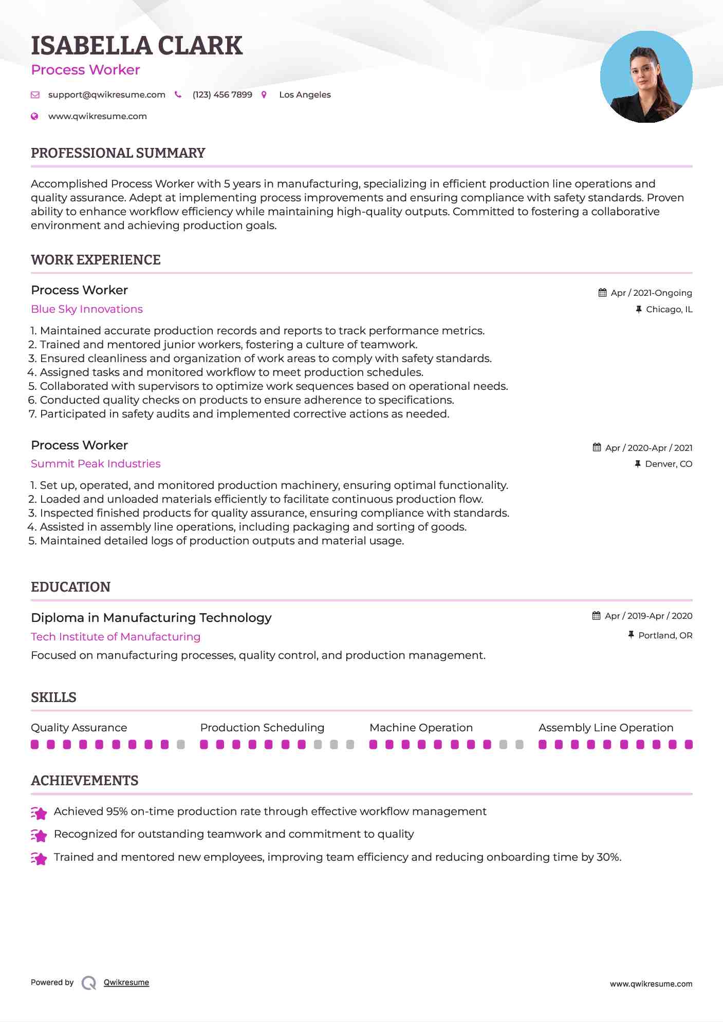 Process Worker Resume Format