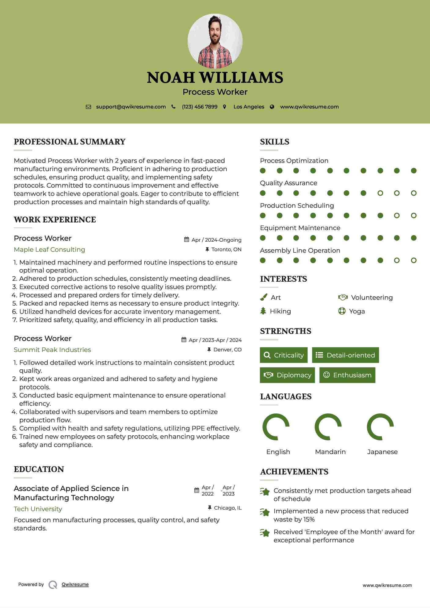 Process Worker Resume Example