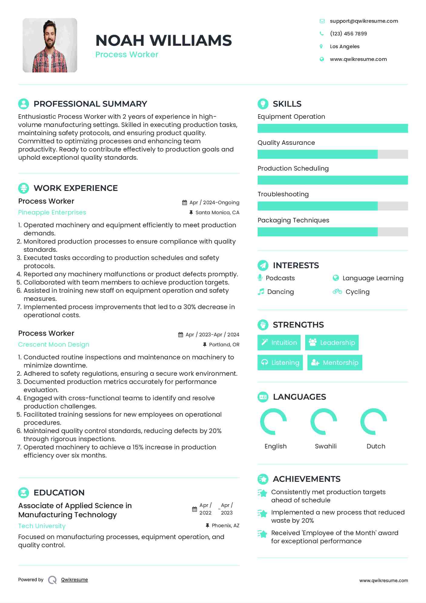 Process Worker Resume Format