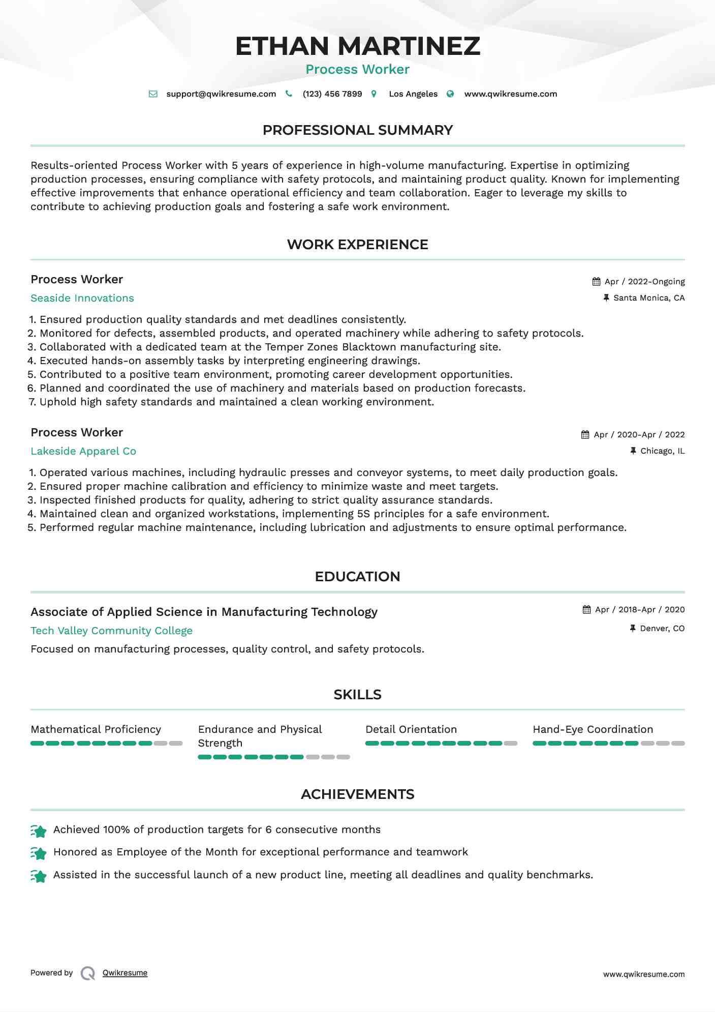 Process Worker Resume Sample