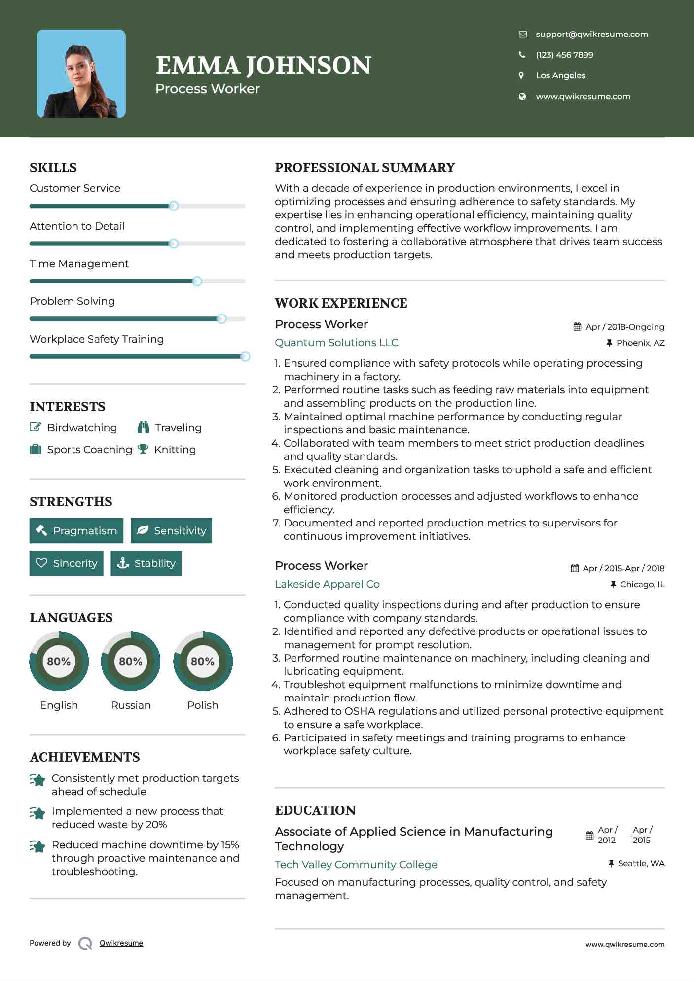 Process Worker Resume Sample