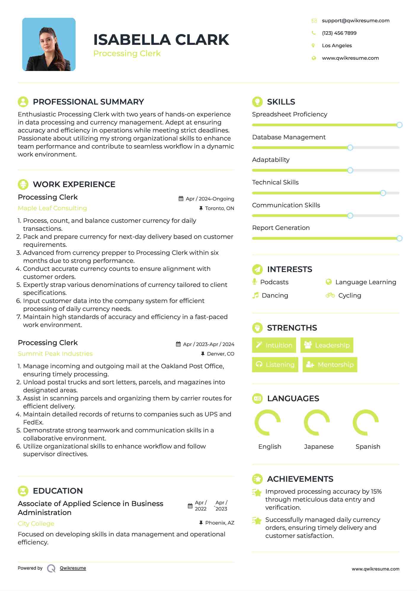 Processing Clerk Resume Example