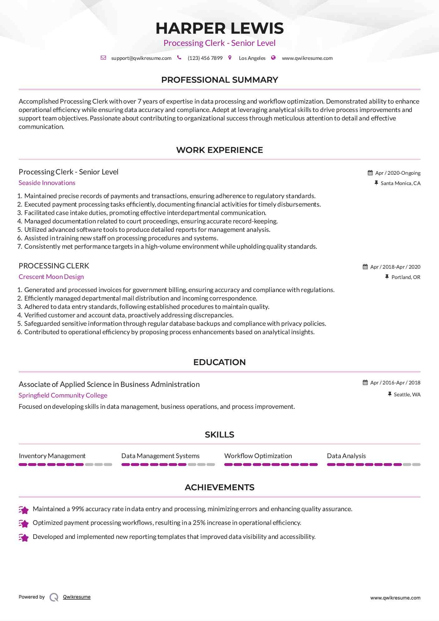 Processing Clerk - Senior Level Resume Example