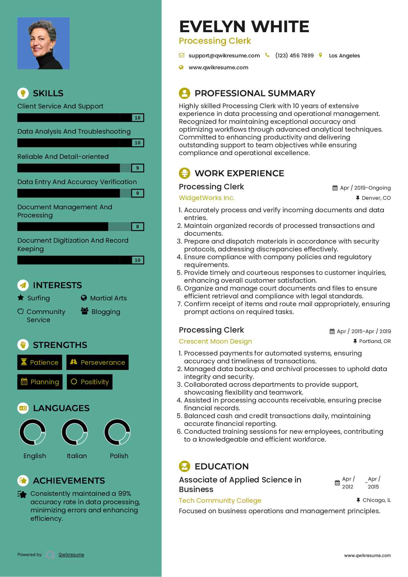 Processing Clerk Resume Sample