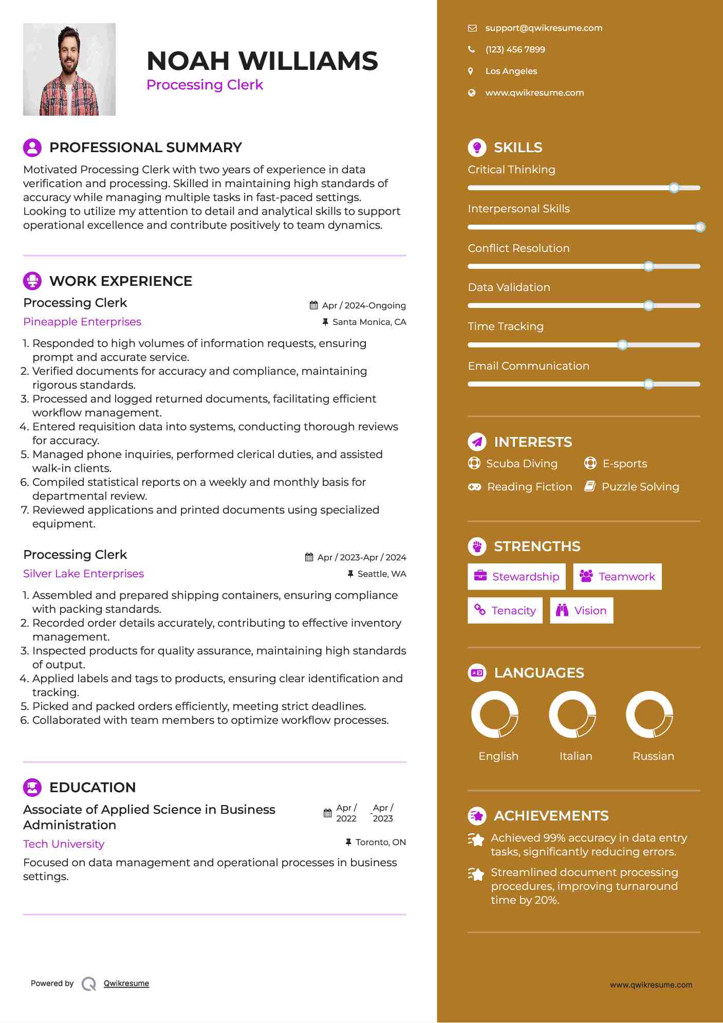 Processing Clerk Resume Template