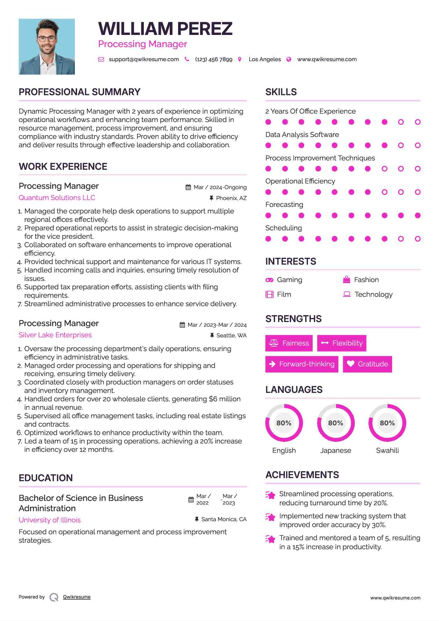Processing Manager Resume Format