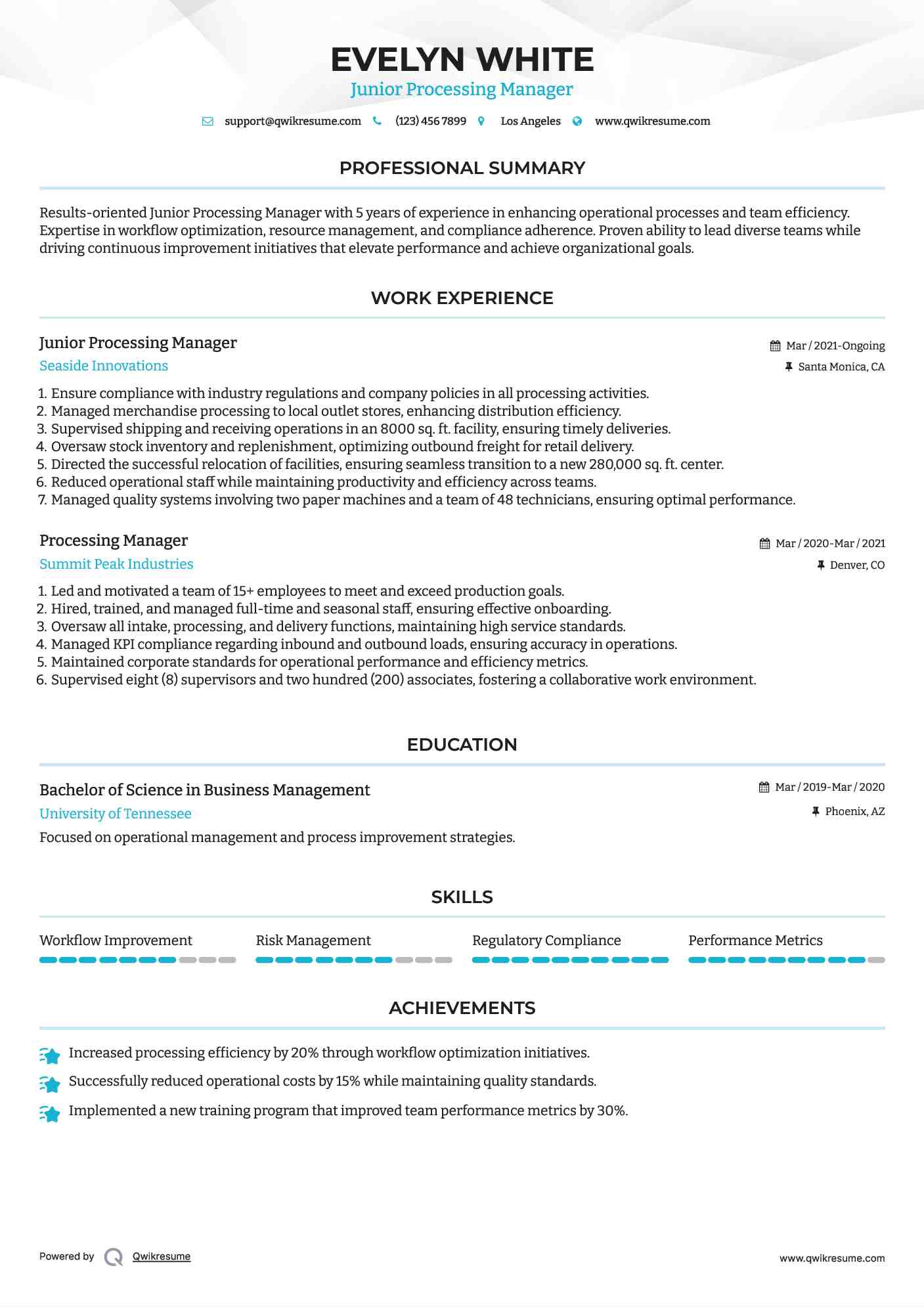 Junior Processing Manager Resume Model